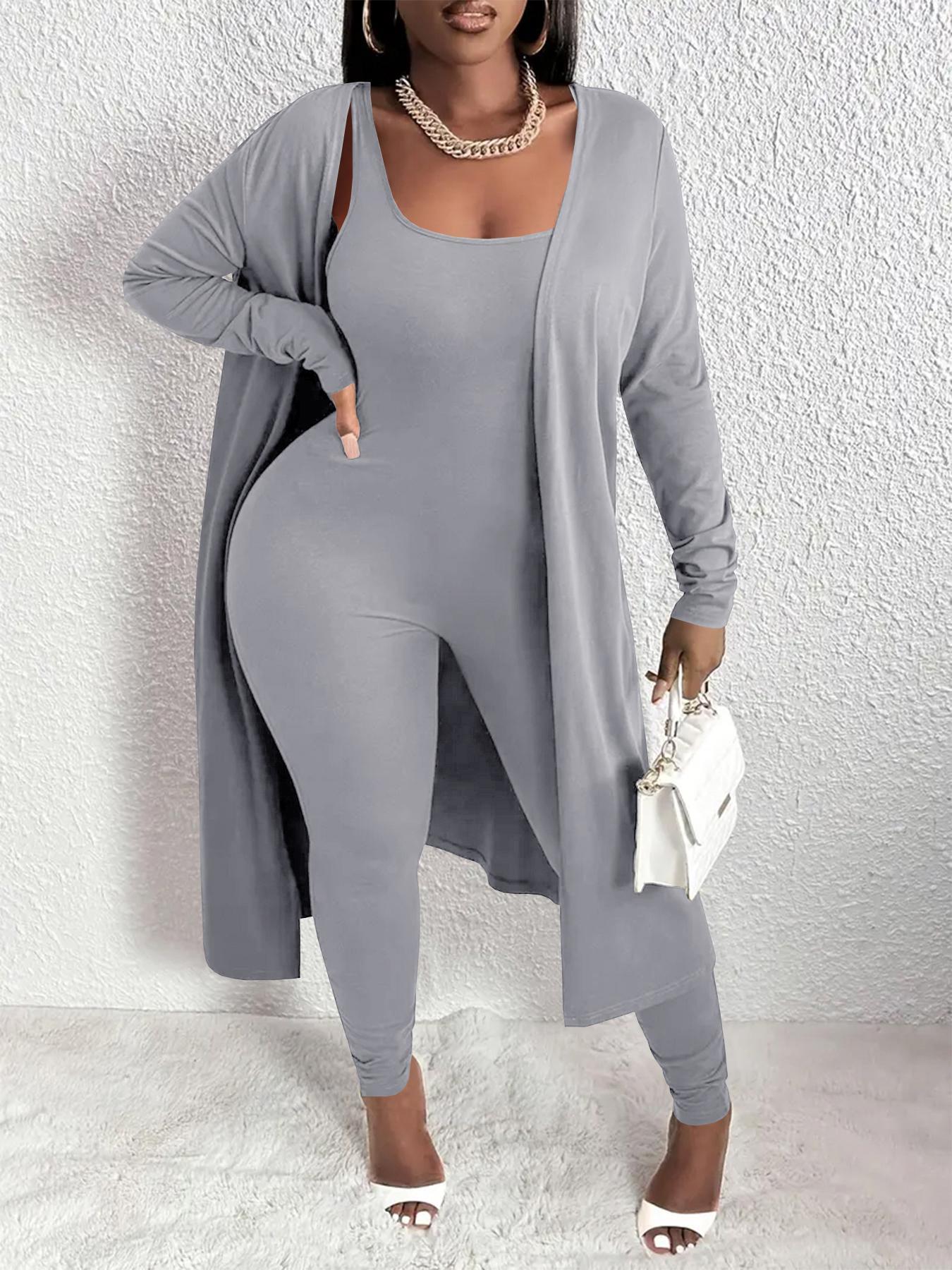 Two-piece Set Women's Solid Open Front Long Sleeve Longline Outwear & Skinny Jumpsuit, Casual Fashion Cozy Outfits for Daily Outdoor Wear, Women Clothes for Fall & Winter, Solid Color Jumpsuits