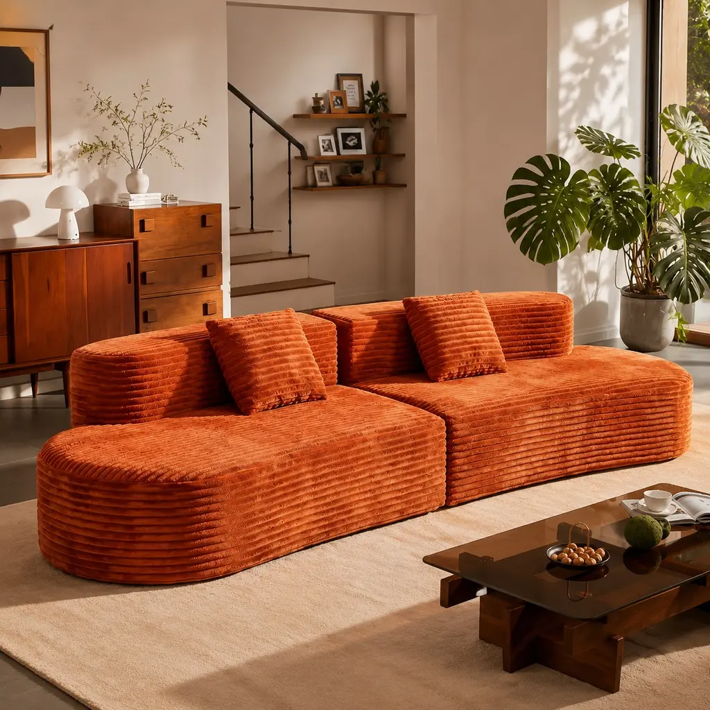 ARCH 108.6 Inch Curved Combination Sofa with Cloud Pattern Design, Frameless Compression Technology, Includes Two Pillows, Large Sectional Couch for Living Room or Office, No Frame Needed