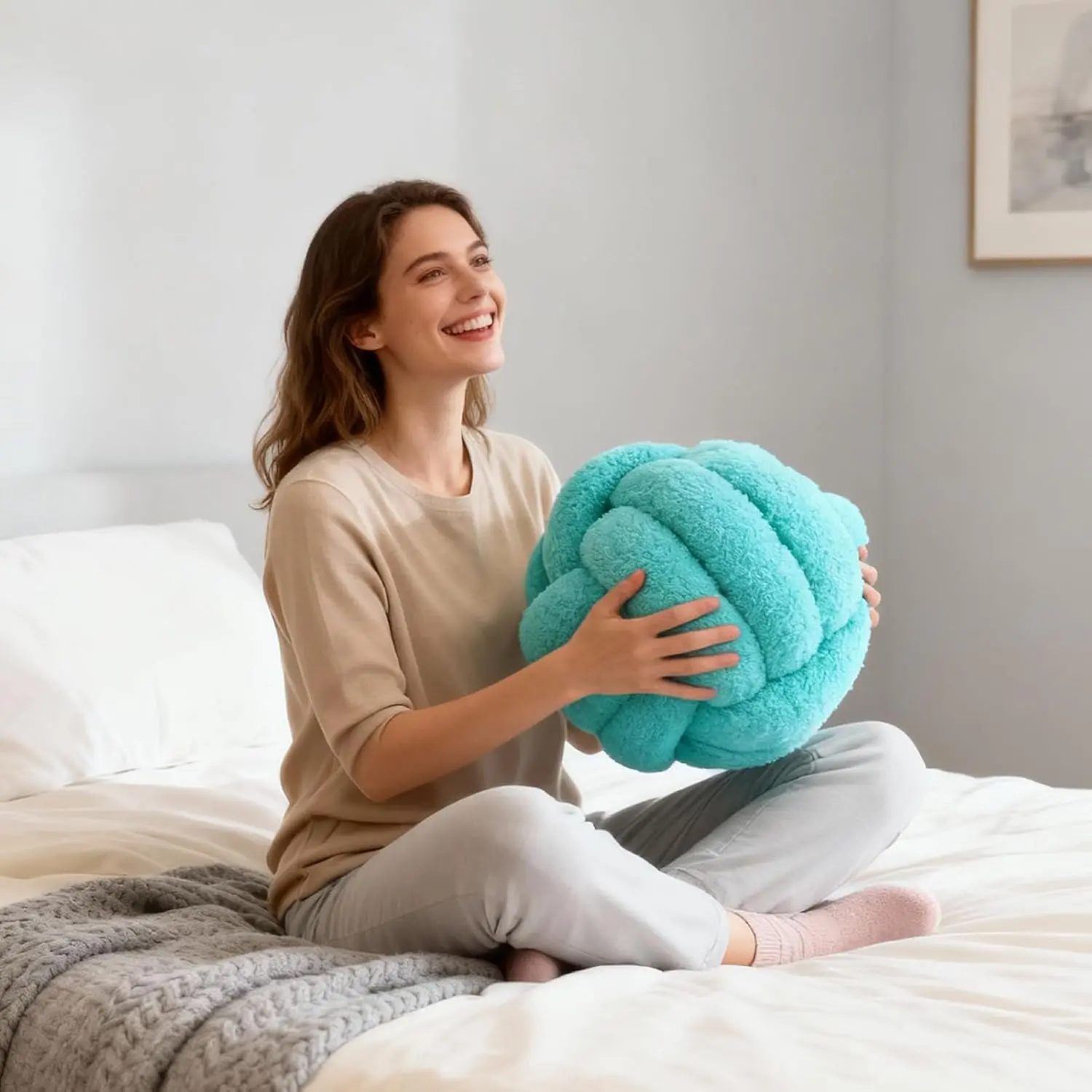Knot Pillow Ball Plush - Decorative Throw Pillows for Bed  , Round Knot Cushion for Sofa Decor  , Teal 12 inch