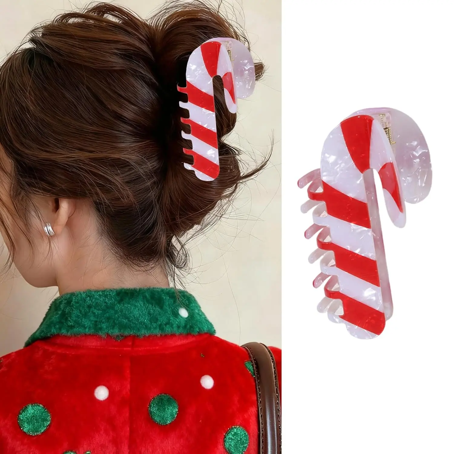 Christmas Hair Claw Clips Candy Canes Hair Clip Acetate Nonslip Hair Barrettes White Red Crutch Design Acrylic Hair Accessories Winter Holiday Strong Hold Jaw Clip  Women Girls Hair Decorations New model colorful