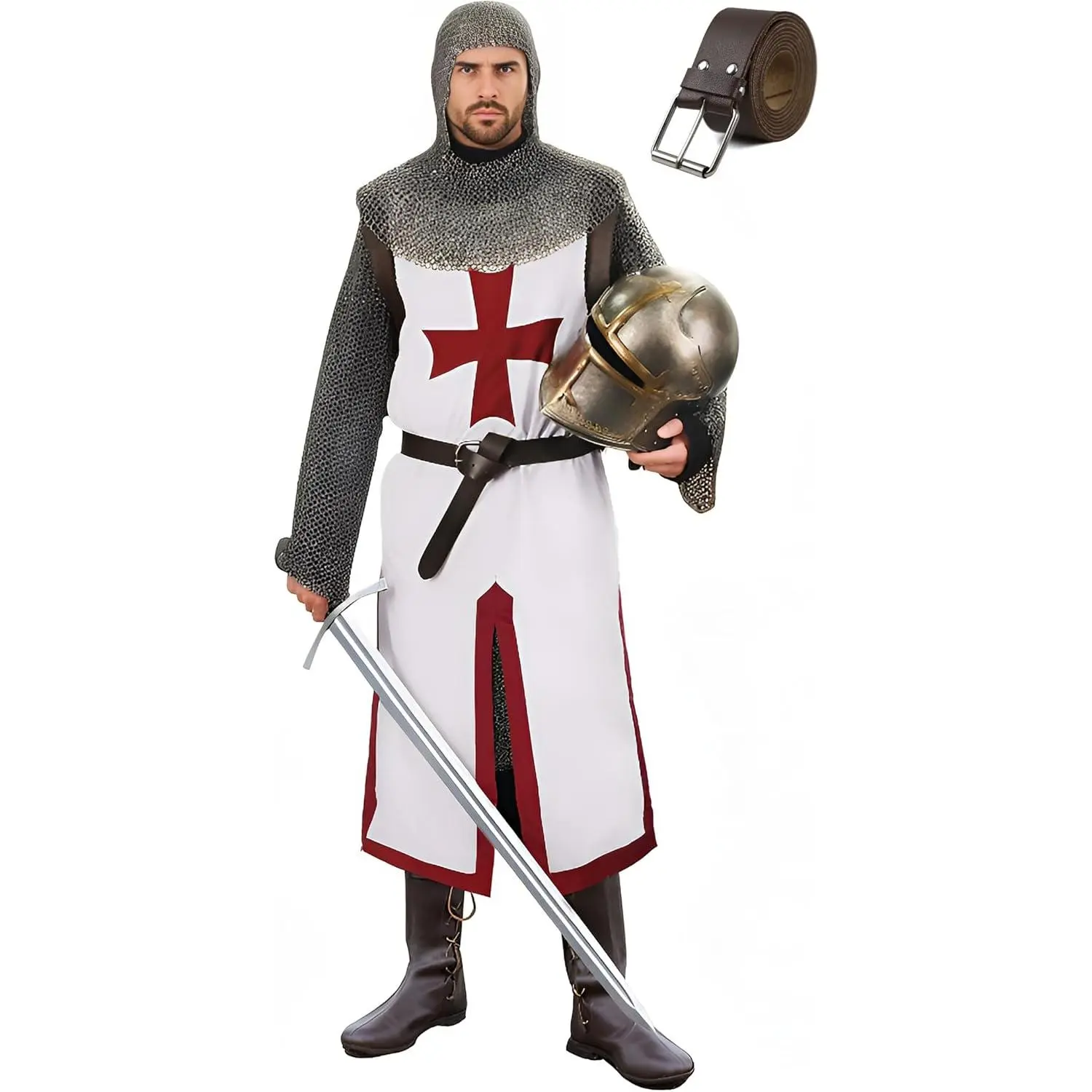 Men's Knights Templar Costume Set, Medieval Crusader Tunic with Red Cross for a Historical Look at Halloween or a Renaissance Festival, Menswear, Medieval Look, Cross Motif