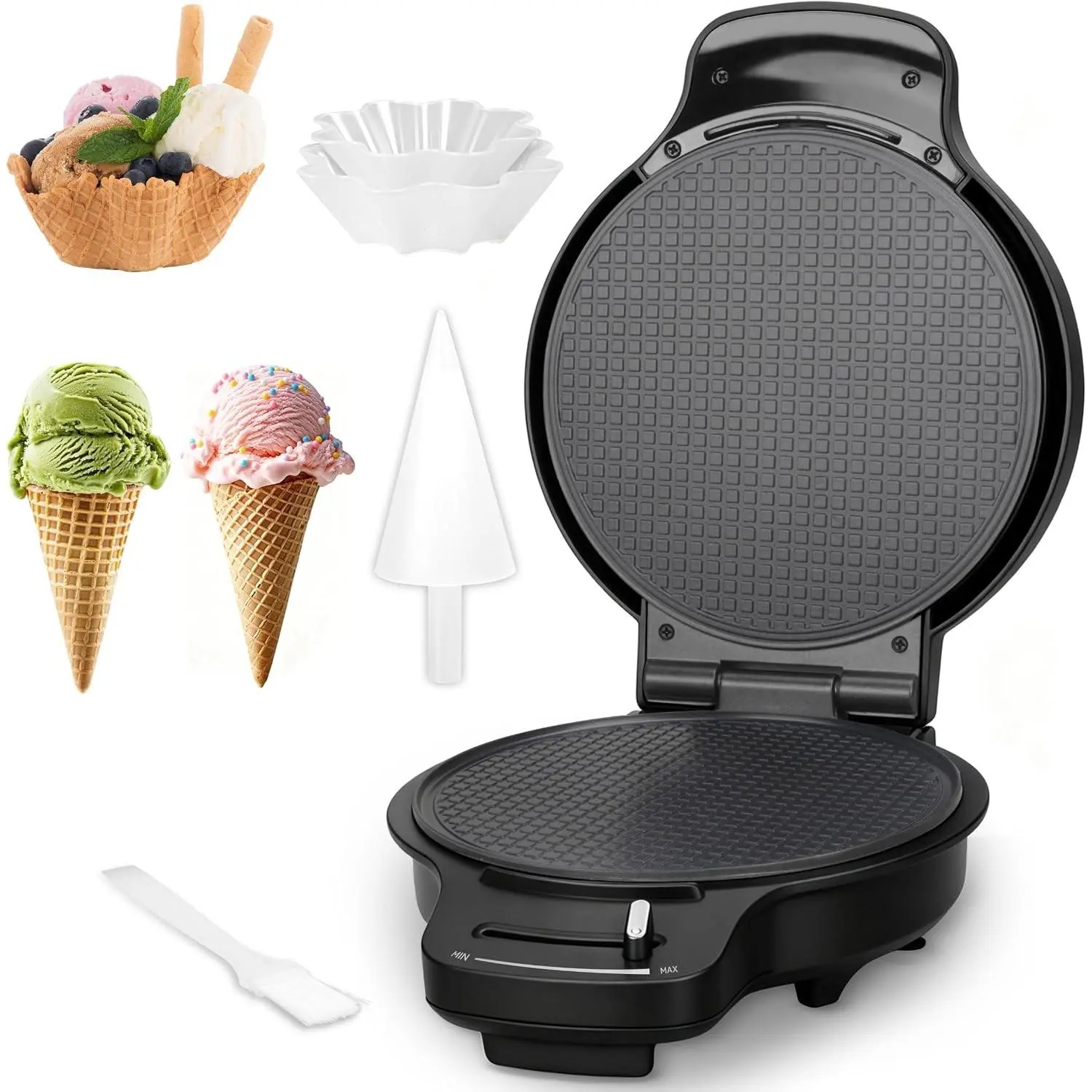 Waffle Cone Maker Machine with Browning Control, 7.5” Ice Cream Cone Maker, Cone Roller & Bowl Press Included, Thin Crispy Nonstick Waffle Bowl Maker, Graphite
