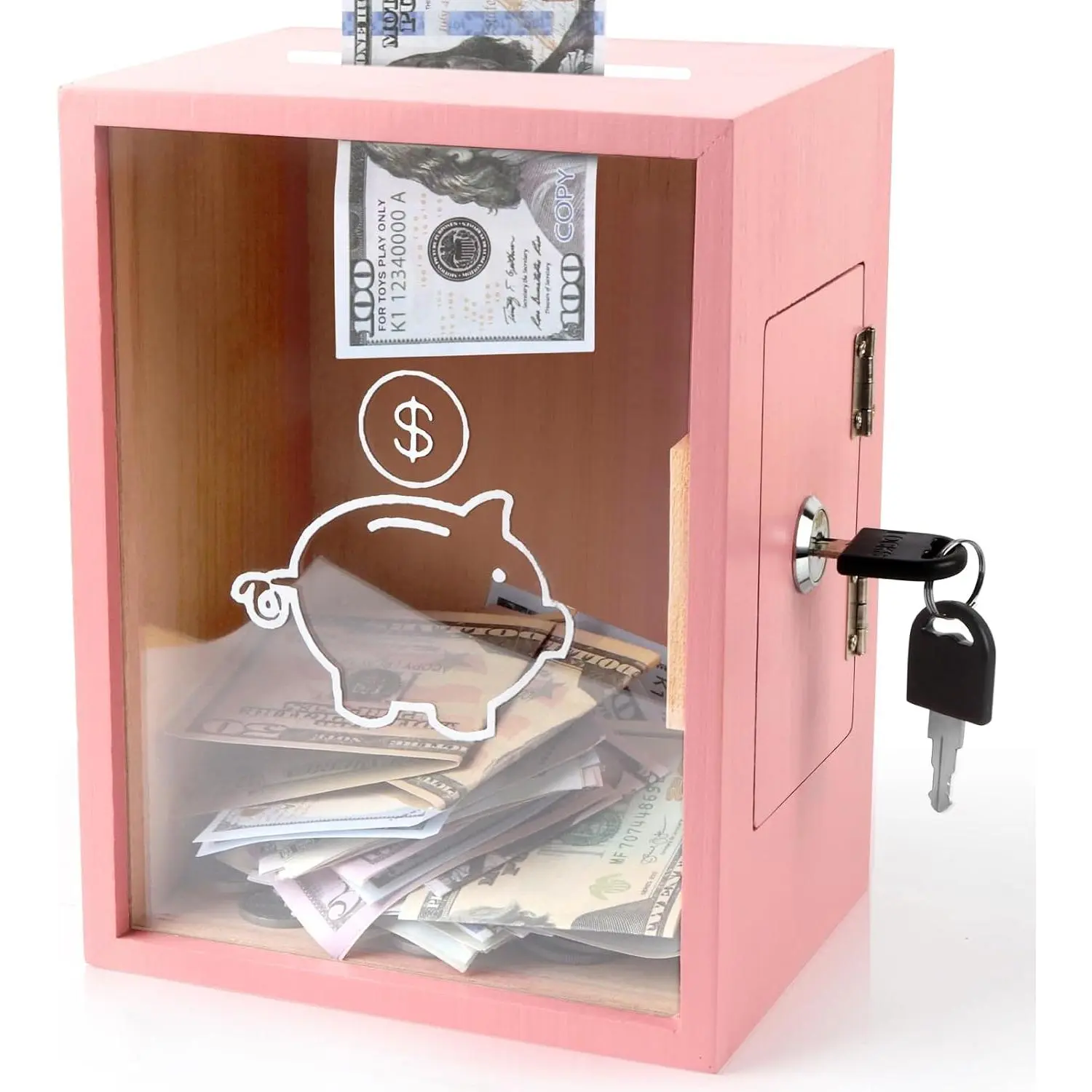 Clear Piggy Bank with Lock, Large Money Saving Jar Money Bank Box Container for Cash Saving, Openable Clear Money Coin Change Bank Jar Container Penny Piggy Jar Bank for Adults Kids, Pink