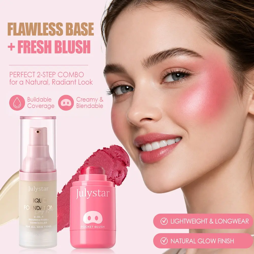 Julystar 2pcs Foundation Cream Blush Set, 5 Shades, Lightweight Long-Wear, Buildable Coverage, Natural Glowy Base, Pocket Cream Blush, 2026 New