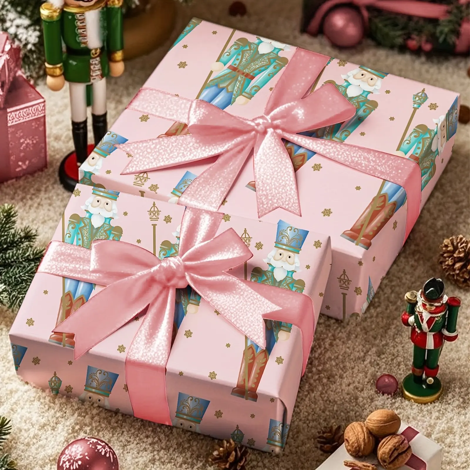 Christmas Wrapping Paper Roll, Elegant Nutcracker Soldier, Gold Snowflakes, Staff Design, Holiday Gift Wrap, 43.2cm X 500cm