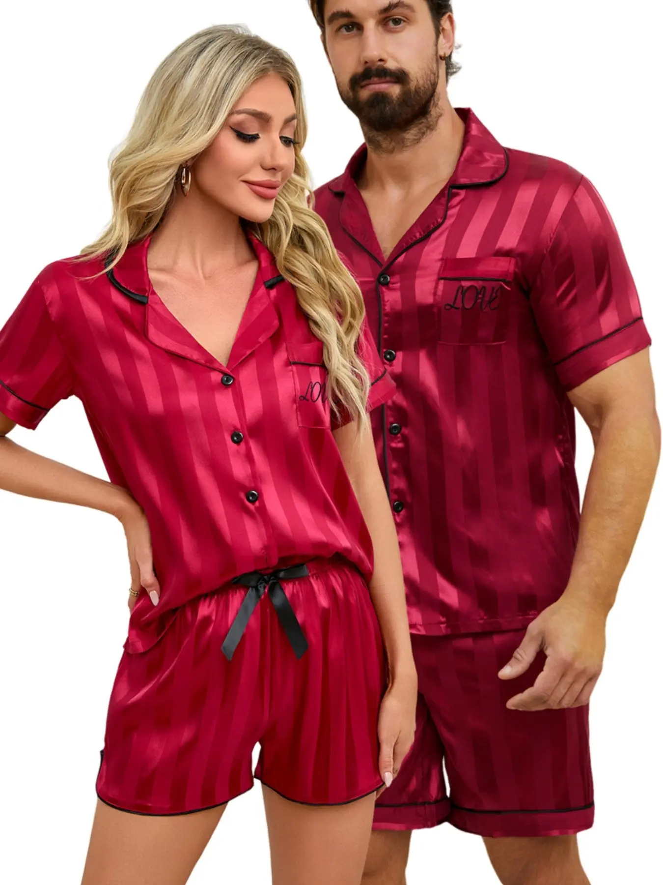 Couple's Striped Embroidery Sleep Top & Stripe Print Sleep Pants, Casual Comfy Short Sleeve Top & Elastic Waist Shorts for Daily Wear, Shorts Pajama Outfit, Soft Comfy Sleepwear For Summer, Loungewear, Pajamas Clothes, Pjs