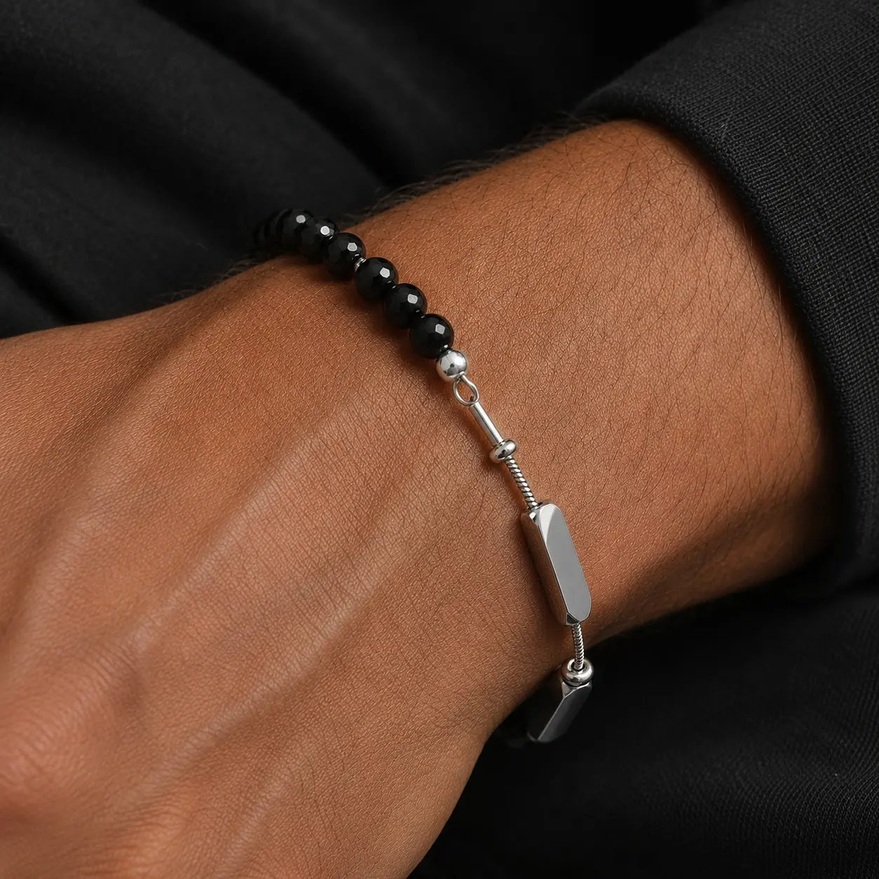 Male Lightweight Faceted Half-Beaded Silver Obsidian Bracelet with Stainless Steel Geometric Bars, Adjustable Everyday Streetwear Jewelry Gift for Him, Modern