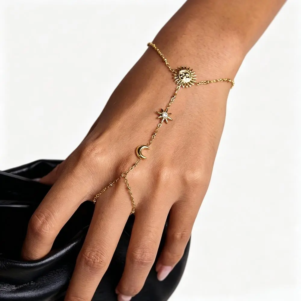 Elegant Shiny Star Moon Finger Chain Bracelet, 3.1g 18K Gold Plated Stainless Steel Beaded Hand Chain, Waterproof Anti Allergy Jewelry