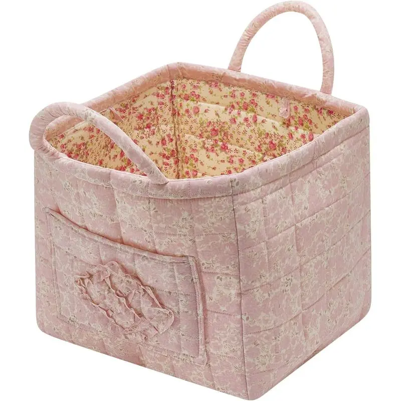 Pink Quilted Laundry Basket with Handles, Collapsible Square Fabric Storage Bin for Clothes, Toys, Nursery, Bedroom, Car and Home Organization