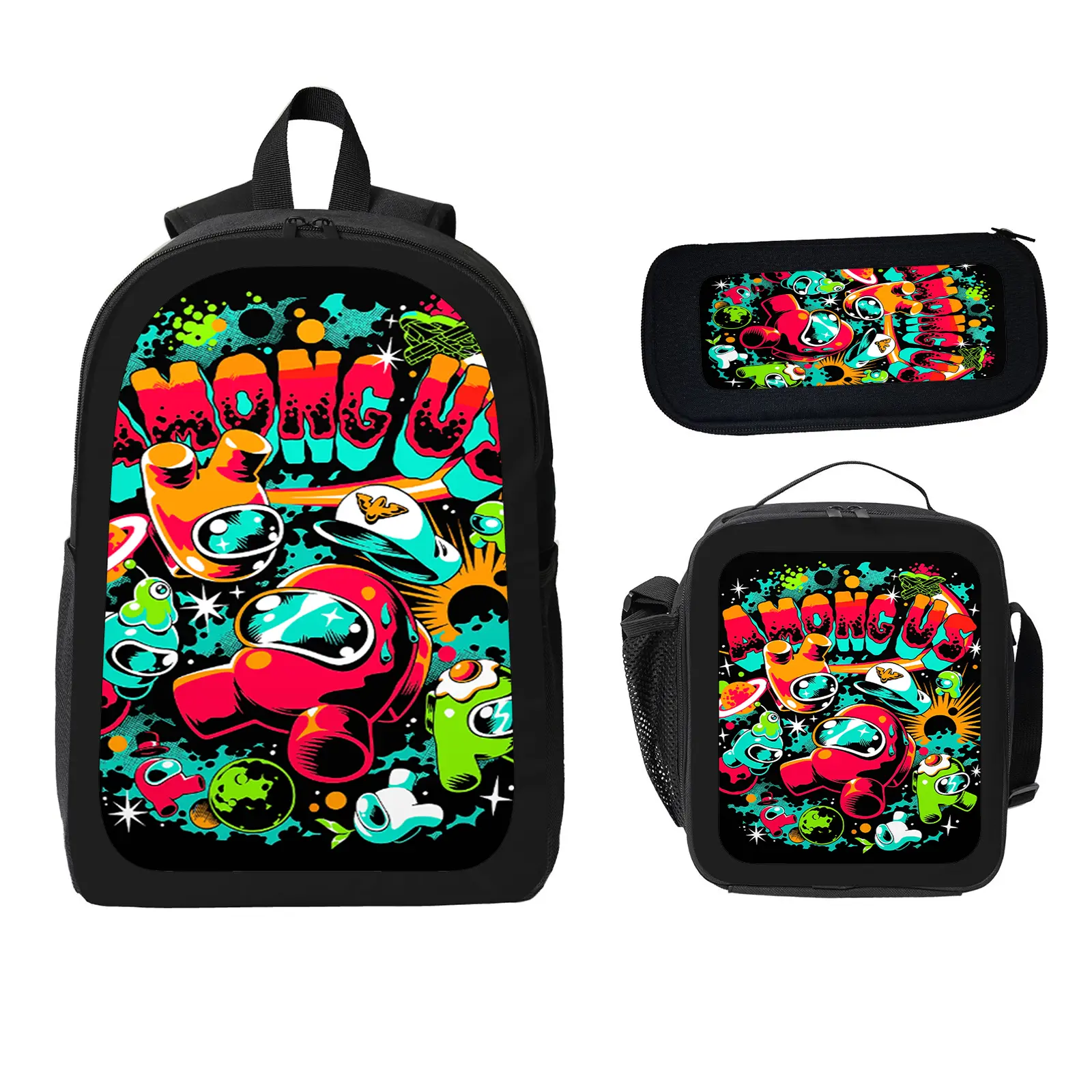 Kids' Unisex Among Us Game Theme 3-Pc School Backpack Set, Large Space Water Resistant Bookbag with Insulated Lunch Bag & Pencil Case for Elementary-Middle School Days e-13