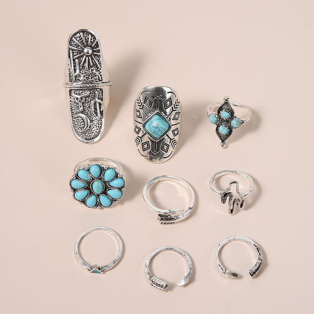 Vintage 9Pcs Turquoise Cactus Sunflower Ring Set for Women | Boho Western Style Silver Tone Alloy Stackable Rings | Bohemian Retro Statement Jewelry for Daily & Festival Wear