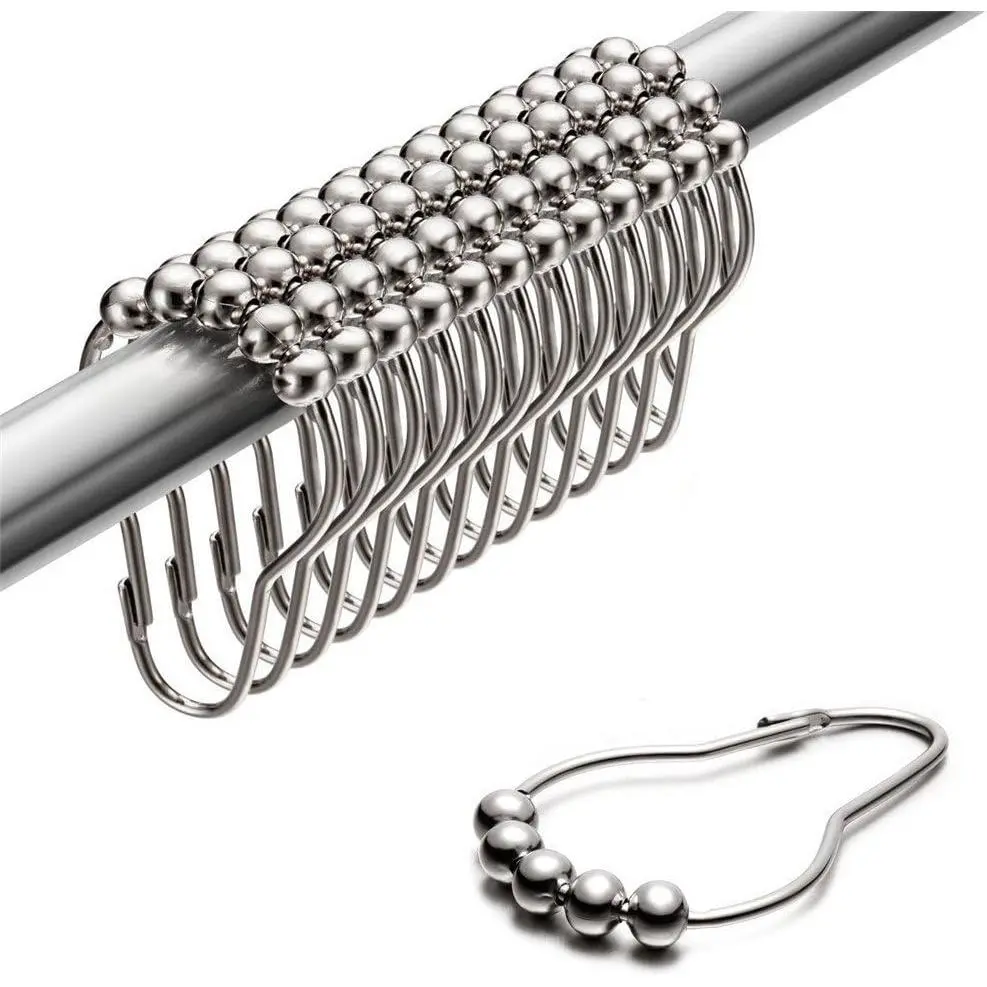 Shower Curtain Rings Set of 12, Rust-Resistant Stainless Steel Hooks with Smooth Glide Roller Balls, Heavy-Duty Secure Closing, Chrome