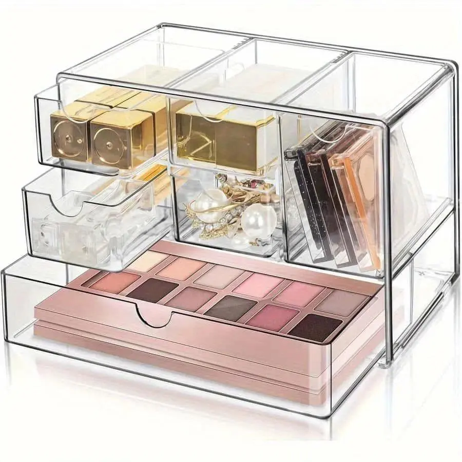 Six Compartment Transparent Drawer Style Cosmetics Storage Box, Cosmetic Organizer, Stackable, Storage Small Box, Suitable for Bedrooms and Bathrooms