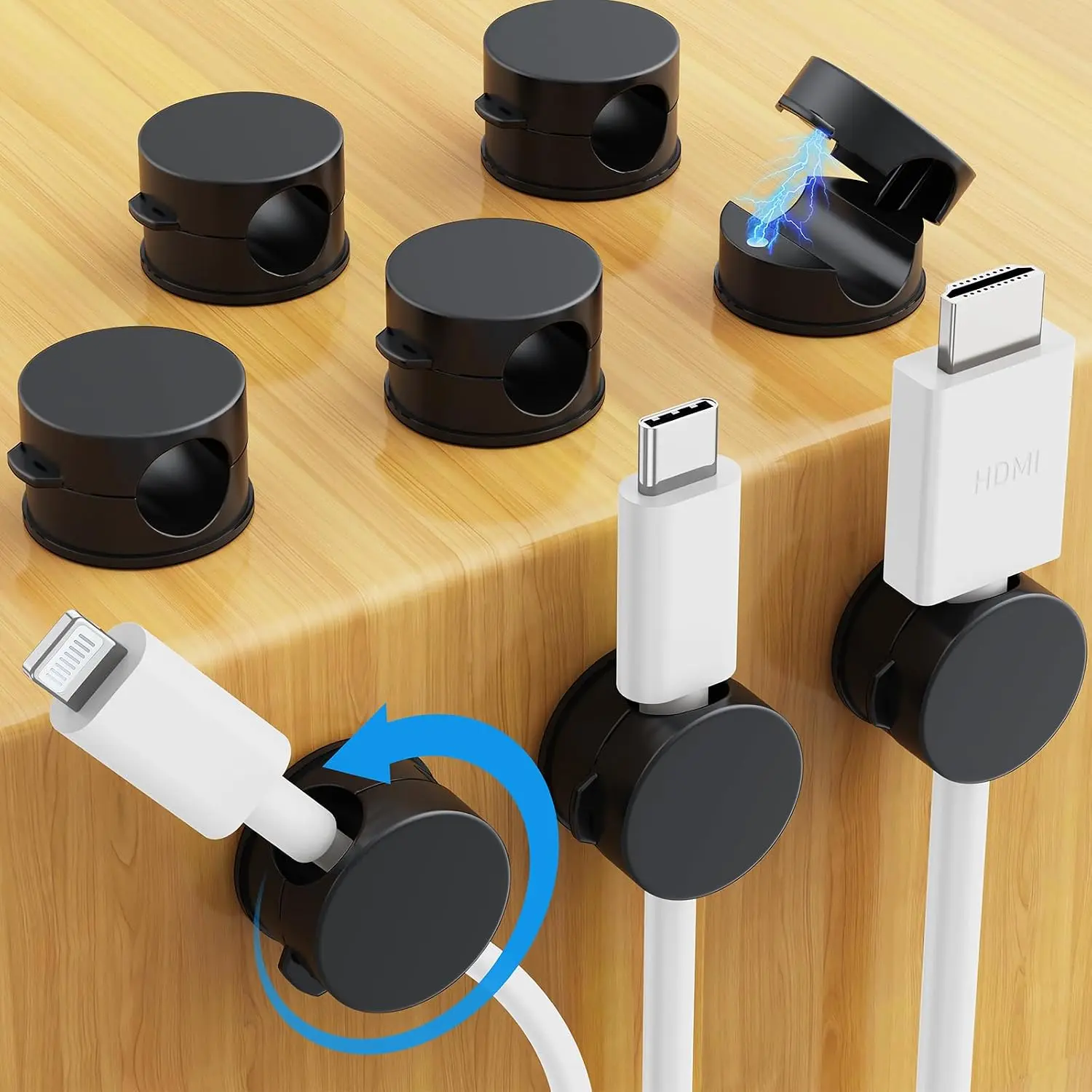 8 Pack   Clips, Upgraded 360° Rotatable Cord Holder Clips for Nightstand, Desk Cord Organizer Adhesive Wire Management  Office Phone  Cords USB  Keeper (Black)