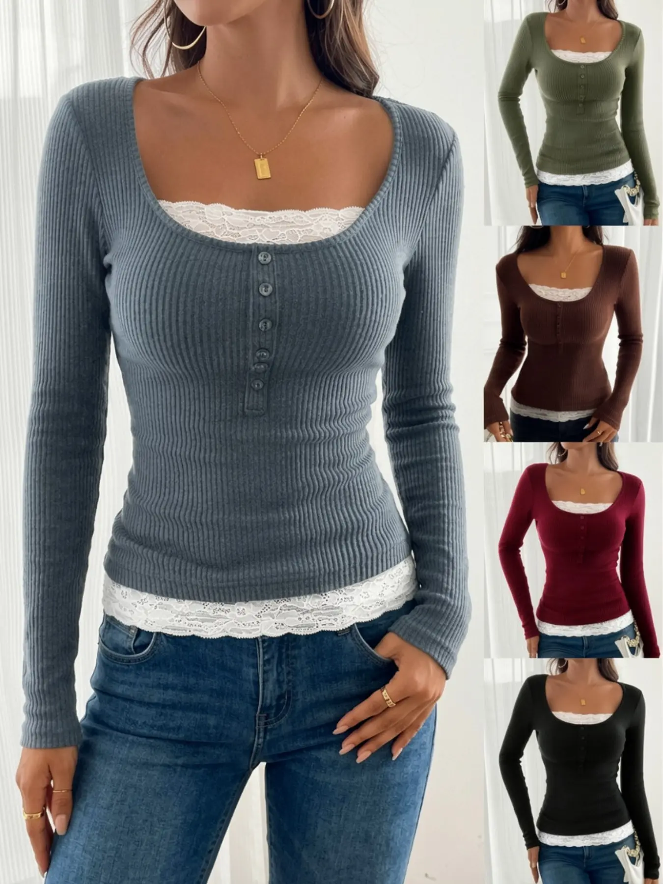 Women's Lace Patchwork Round Neck Henry Button Long Sleeve T-Shirt, Ribbed Knit Slim Fit Fake Two-Piece Top, Vintage Streetwear