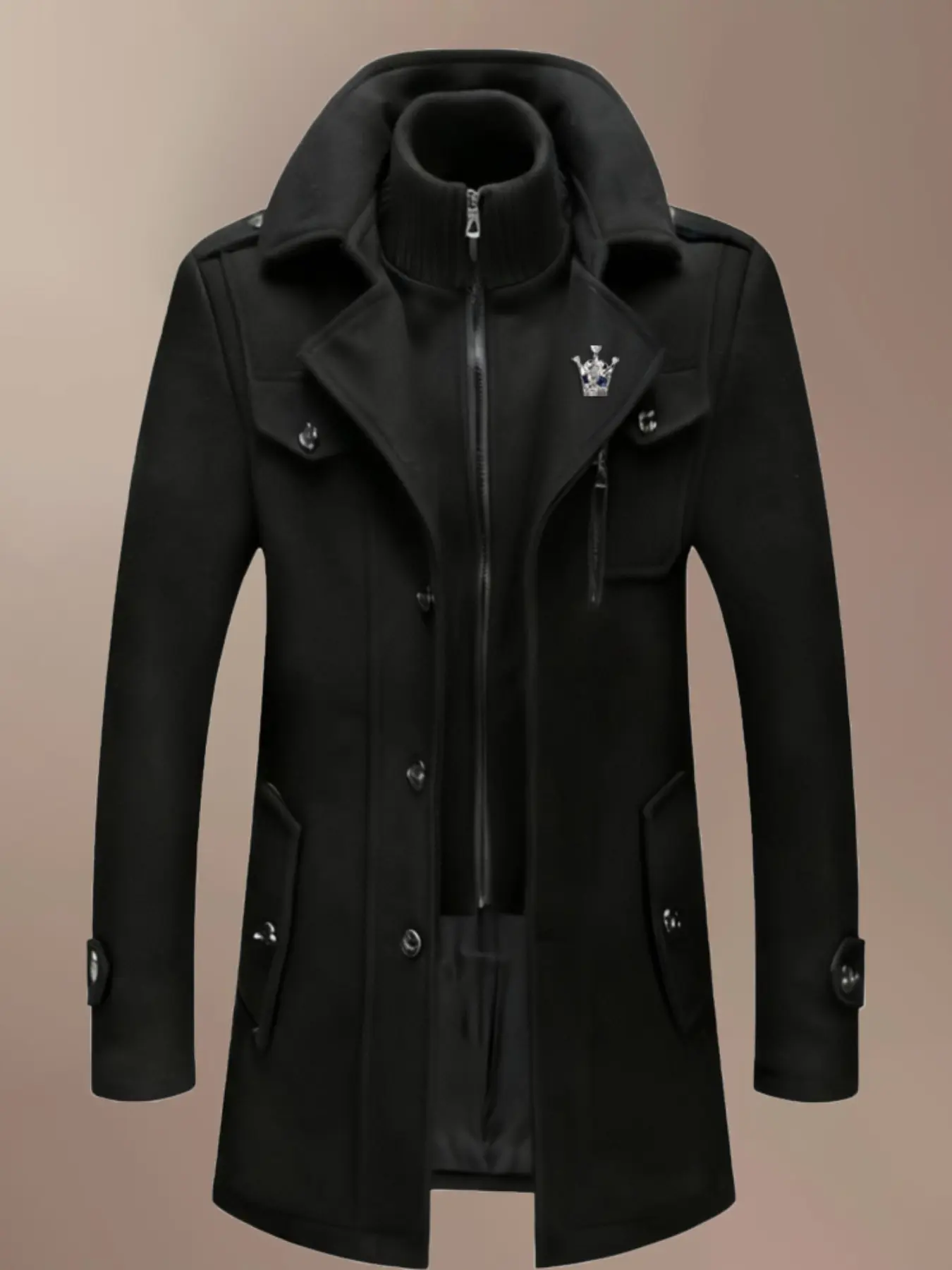 Men's Fashion Double Collar Mixed Fiber Long Coat, Zipper and Pocket Design, Warm and Durable, Suitable for Business or Casual Autumn/Winter, Casual Style Outerwear