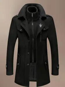 Men's Fashion Double Collar Mixed Fiber Long Coat, Zipper and Pocket Design, Warm and Durable, Suitable for Business or Casual Autumn/Winter