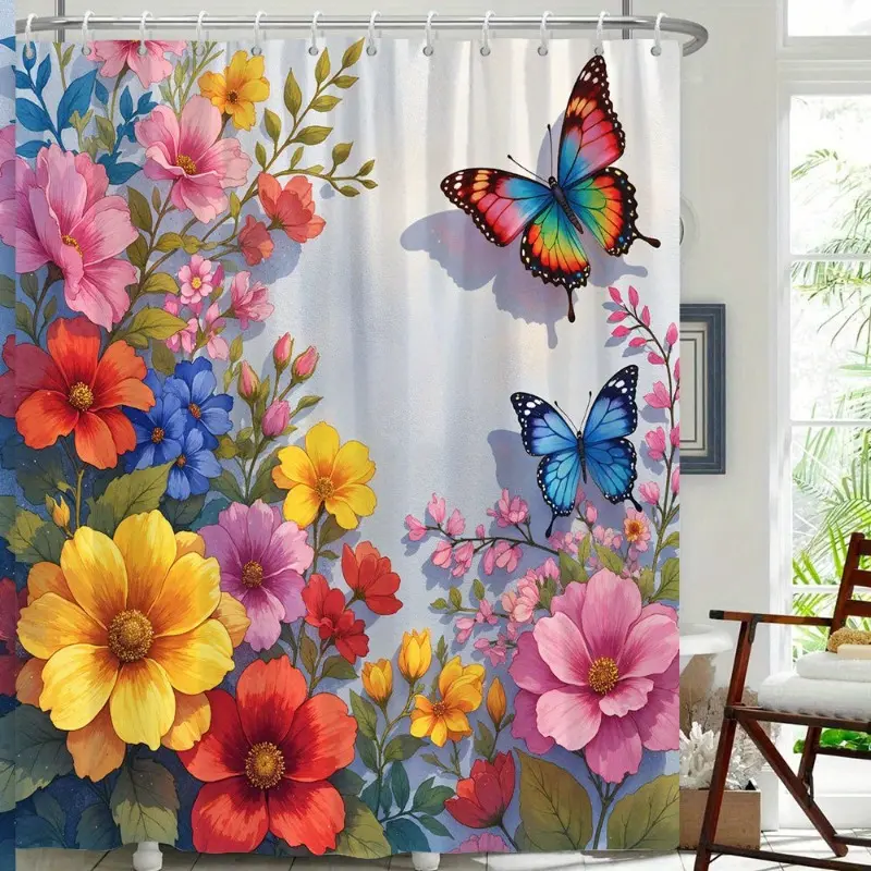 1 2D Flat Printing Color Butterfly and Flower Pattern Digital Printed Shower Curtain, Bathroom Accessory, Vibrant Butterfly with 12 Hooks, Perfect Bathroom Decor