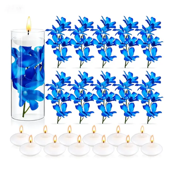 28-Piece Compact 7.4 Inches Plastic Floating Blue Orchid Floral Decor & Unscented Floating Candles Set Pack - Vase Fillers, Home Supplies Centerpieces for Wedding, Party Decor