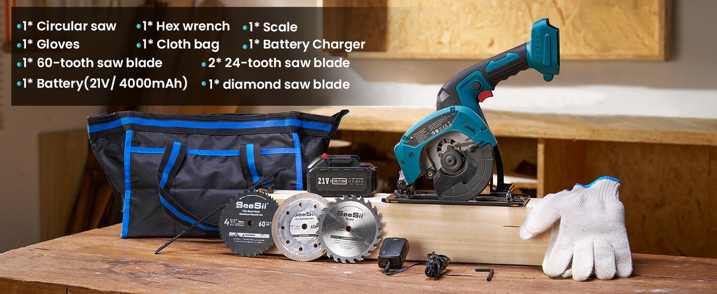 Cordless Mini Circular Saw, SeeSii 4-1/2" Electric Compact Circular Saw with 4.0Ah Battery, 5380RPM, 4 Saw Blades, Rip Guide, Max Cutting Depth 1-11/16"(90°), 1-1/8"(45°) for Wood, Plastic, Soft Metal TCS115A CS410B