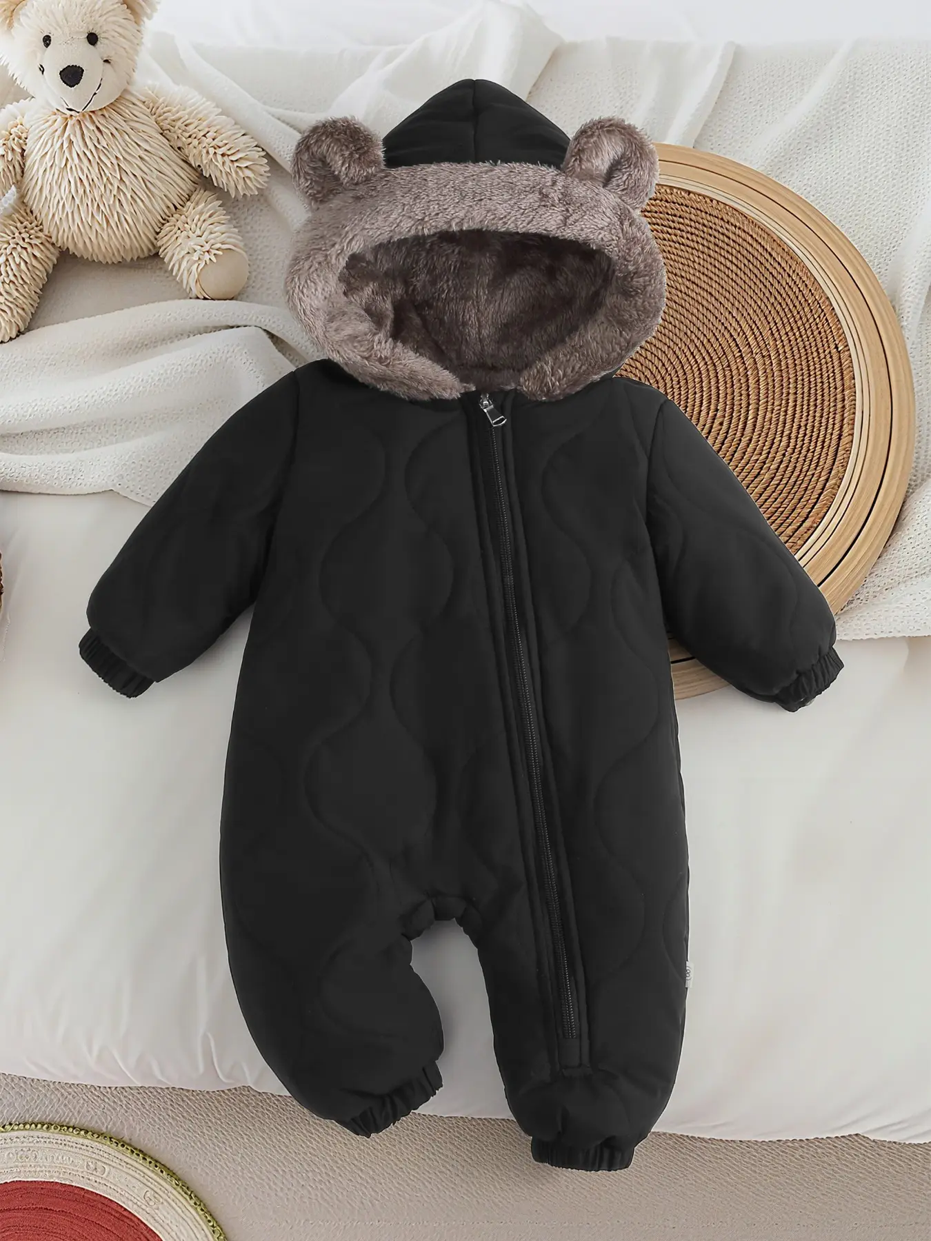 Baby Winter One-Piece Jumpsuit, Pure Color Large Wave Insulated Thickened Baby Outdoor Snowsuit, Warm Fleece for Infants