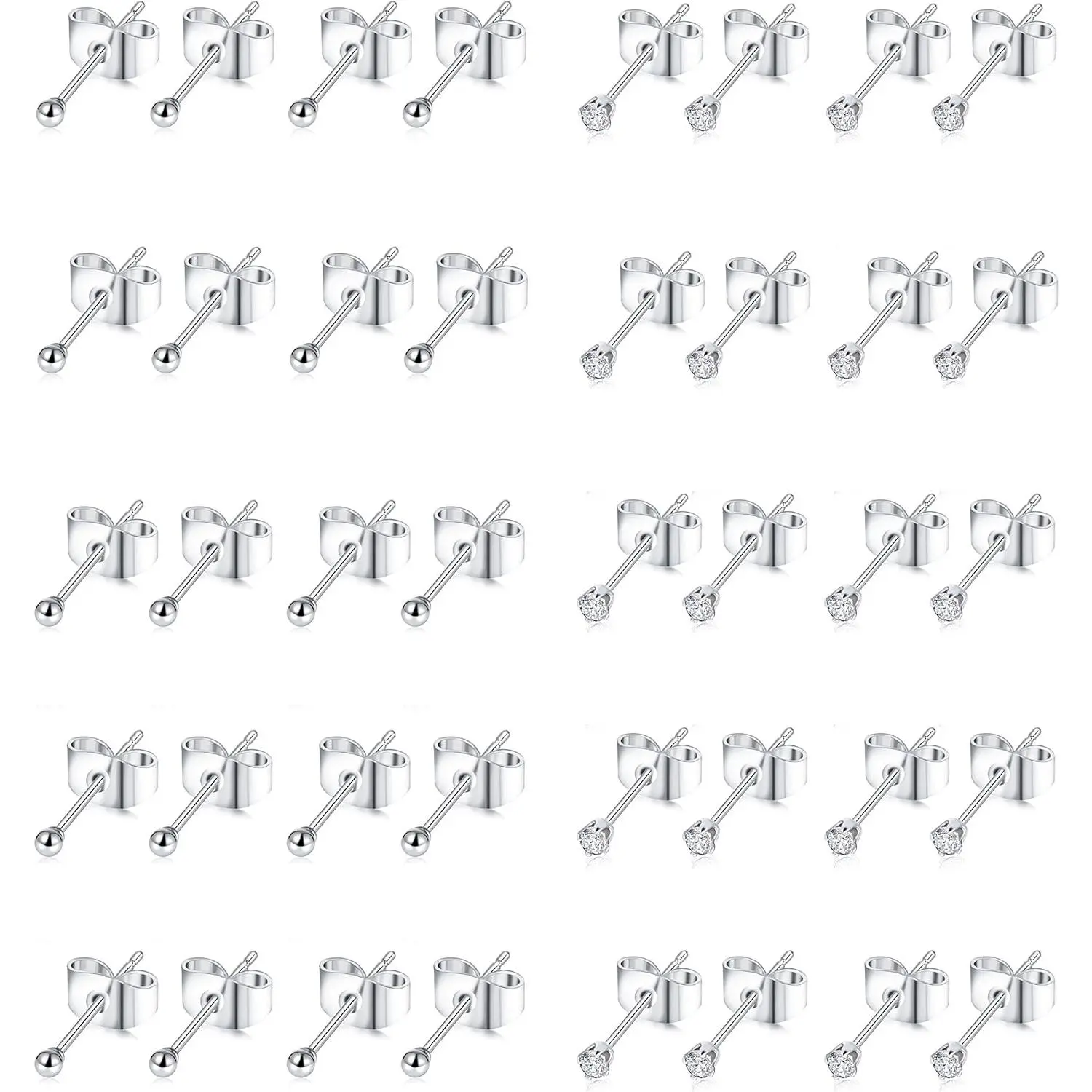 10-20 Pairs Stud Earrings Set, 2mm Tiny Ball & CZ Studs in 316L Stainless Steel for Men and Women, 20G, C:10 Pairs Ball, Daily, Zircon