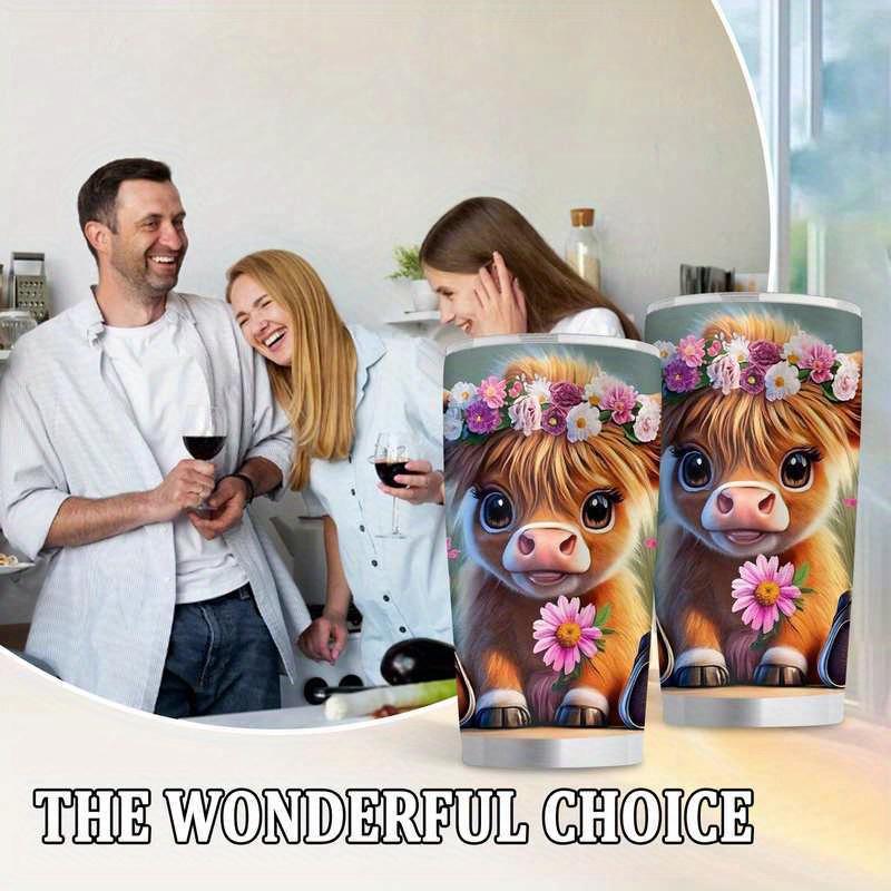 Cute Highland Bull Pattern Stainless Steel Thermos Mug with Floral Design | 20oz Leak-proof Travel Mug, BPA-free Double-walled Vacuum Insulated Mug, Suitable for Hot and Cold Drinks, Reusable, Perfect for Home, Office, Camping, and Everyday Gifts.