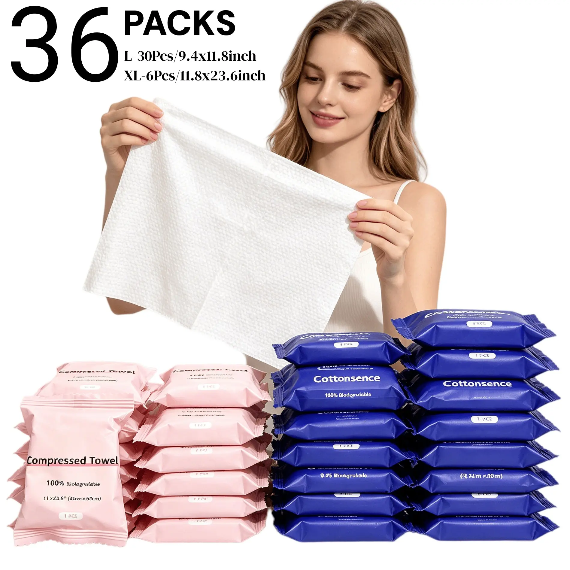 Extra Thick Large Size Compressed Towels, 30Pcs L Size,6 Pcs XL Size Disposable Face Towel, Ultra Soft Water Absorbent Portable Washcloths, Reusable for Travel, Camping, Hiking, Sport, Beauty, Home, Outdoor