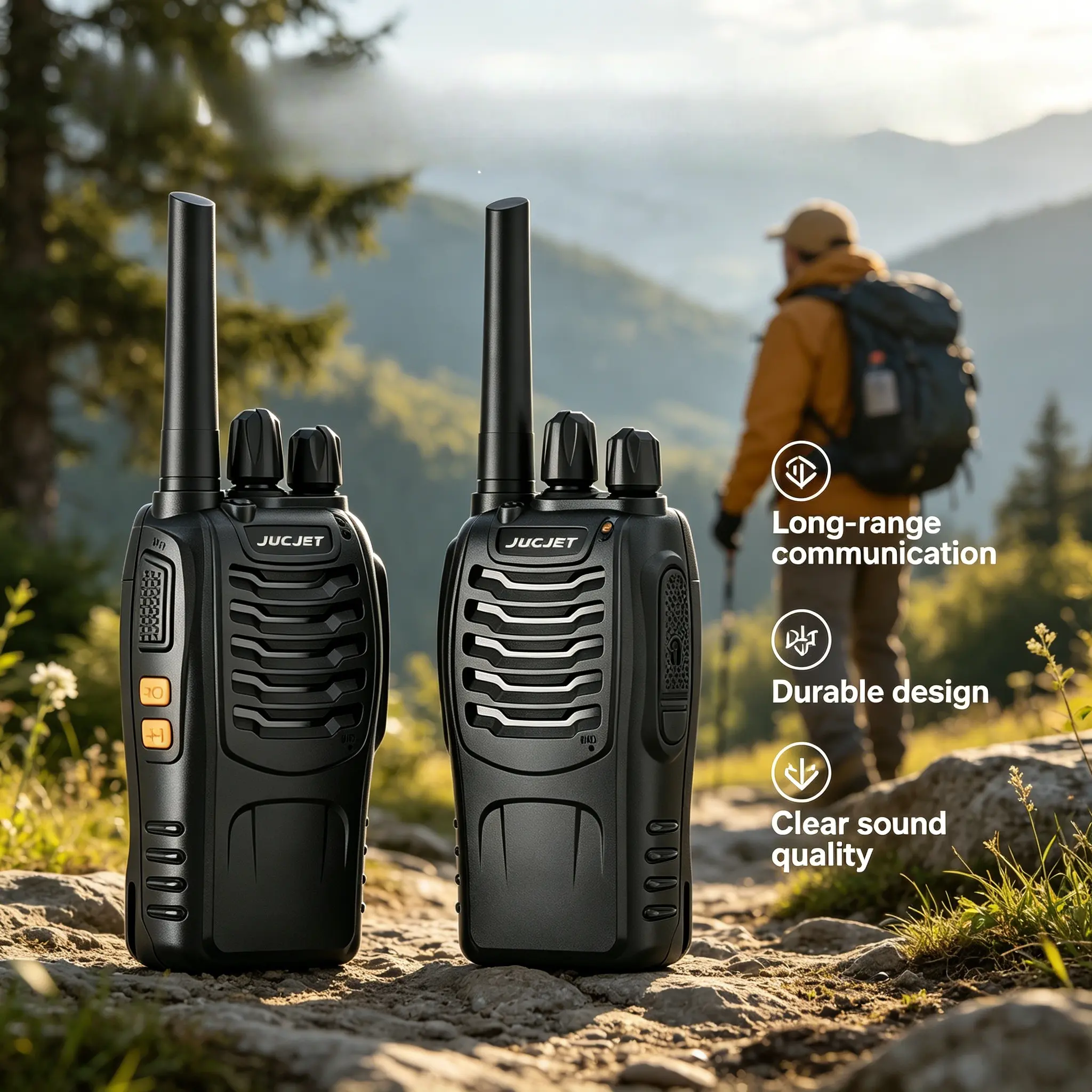 JUCJET 2-Pack Handheld UHF Transceiver Set, 16-Channel Rechargeable Walkie Talkie with Speaker, Plug, Clear Sound, Easy-Press Button, Original Earpieces, Type-C USB Charger, Durable Intercom for Outdoor Work, School walkie talkie