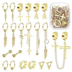 Jstyle 21 Pcs Earrings for Men Stainless Steel Black Long Chain Dangle Hoop Earrings for Men Women Jewelry Piercing Men Earrings Set