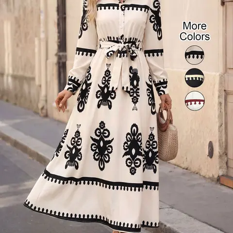 Women's Fashion Commuter Long Sleeve Button Front Shirt Dress with Belt, Classic Design, Geometric Pattern, Spring & Fall