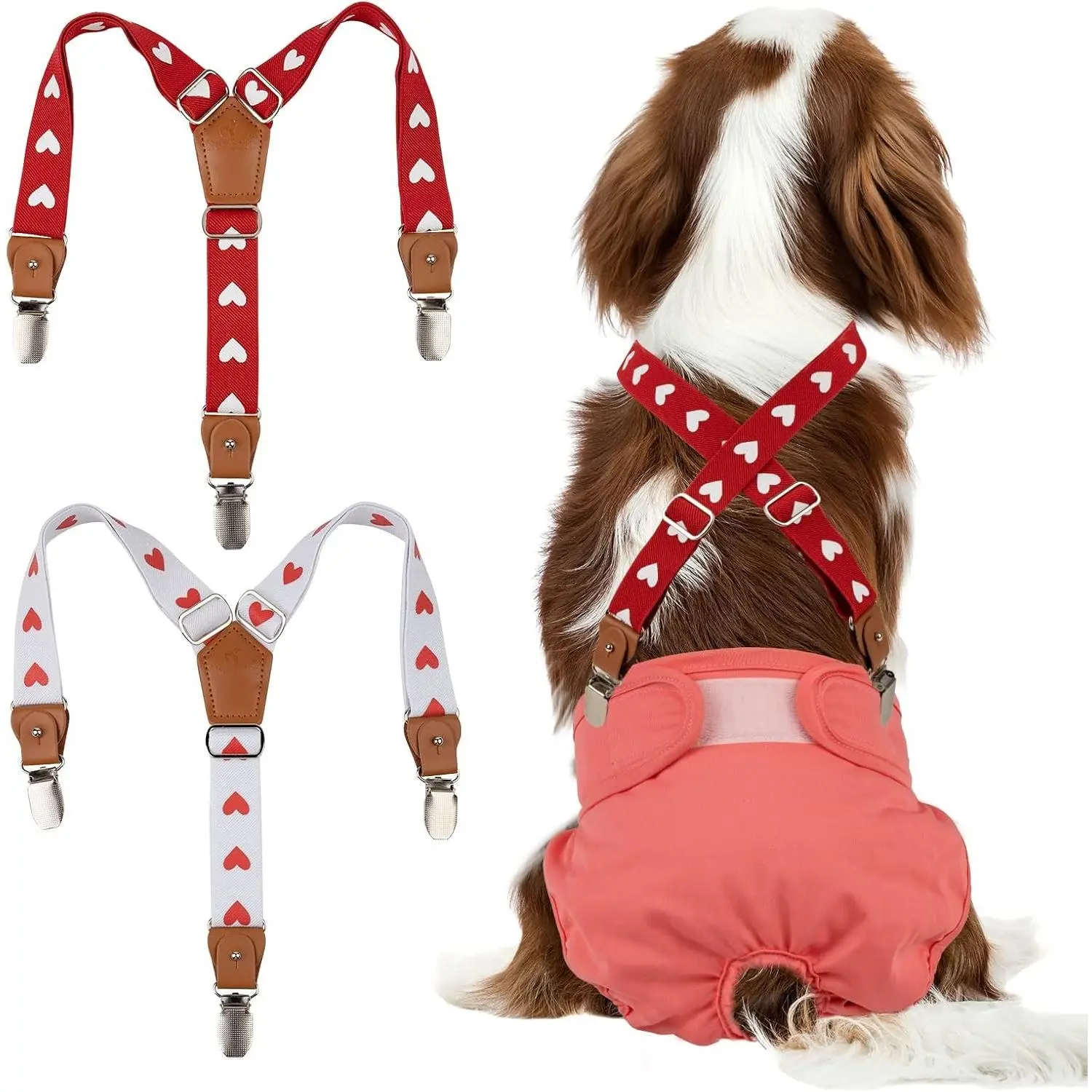 Pet Soft Dog Suspenders 2 Pieces Female Dog Diaper Suspenders for Dogs Diaper Keeper Suspender for Dogs Skirt, Dress, Diapers (Cute Hearts, S/M)