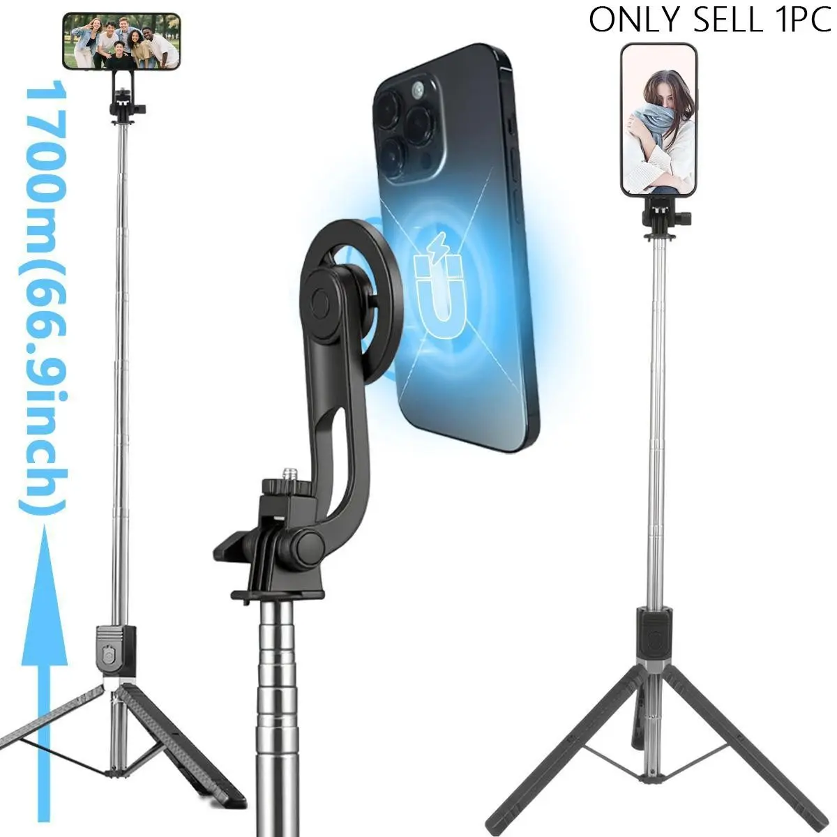 Magnetic Quick-Release Selfie Stick Tripod with Wireless Remote, Universal Metal Adapter, Compatible with iPhone 16 Pro Max & Samsung S24, Extendable to 1700mm