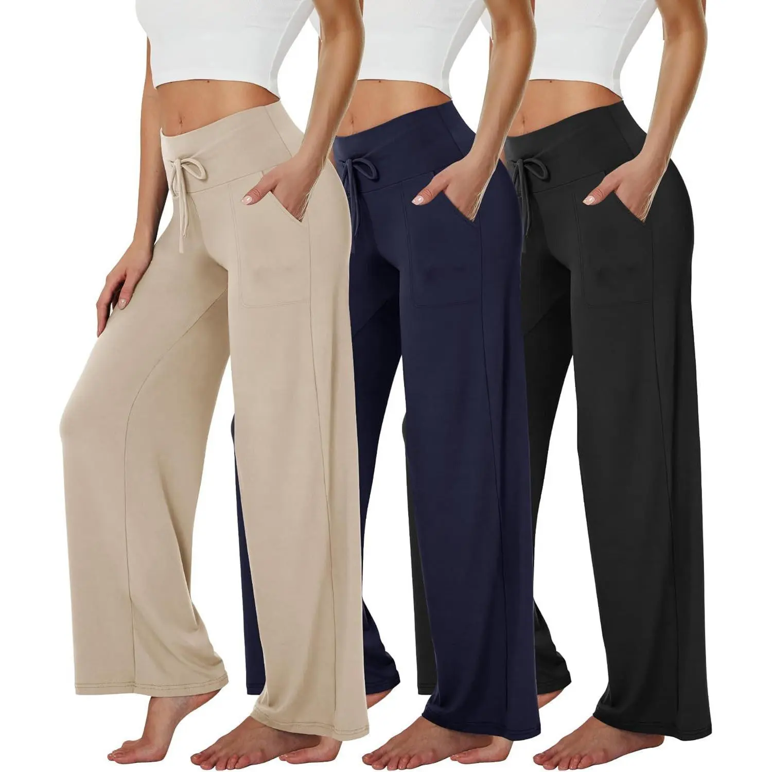 Women's 3 Pack High-Waist Drawstring Wide Leg Yoga Pants - Soft Drape Casual Athletic Trousers for Fall, Winter