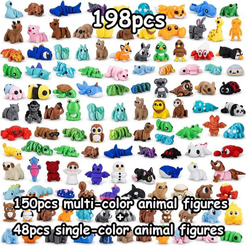 198pcs Mini Animal Figurines, 3D Printed Colorful Cartoon Animals, 48 Solid Color Small Animals, Moss Micro Landscape Decorations