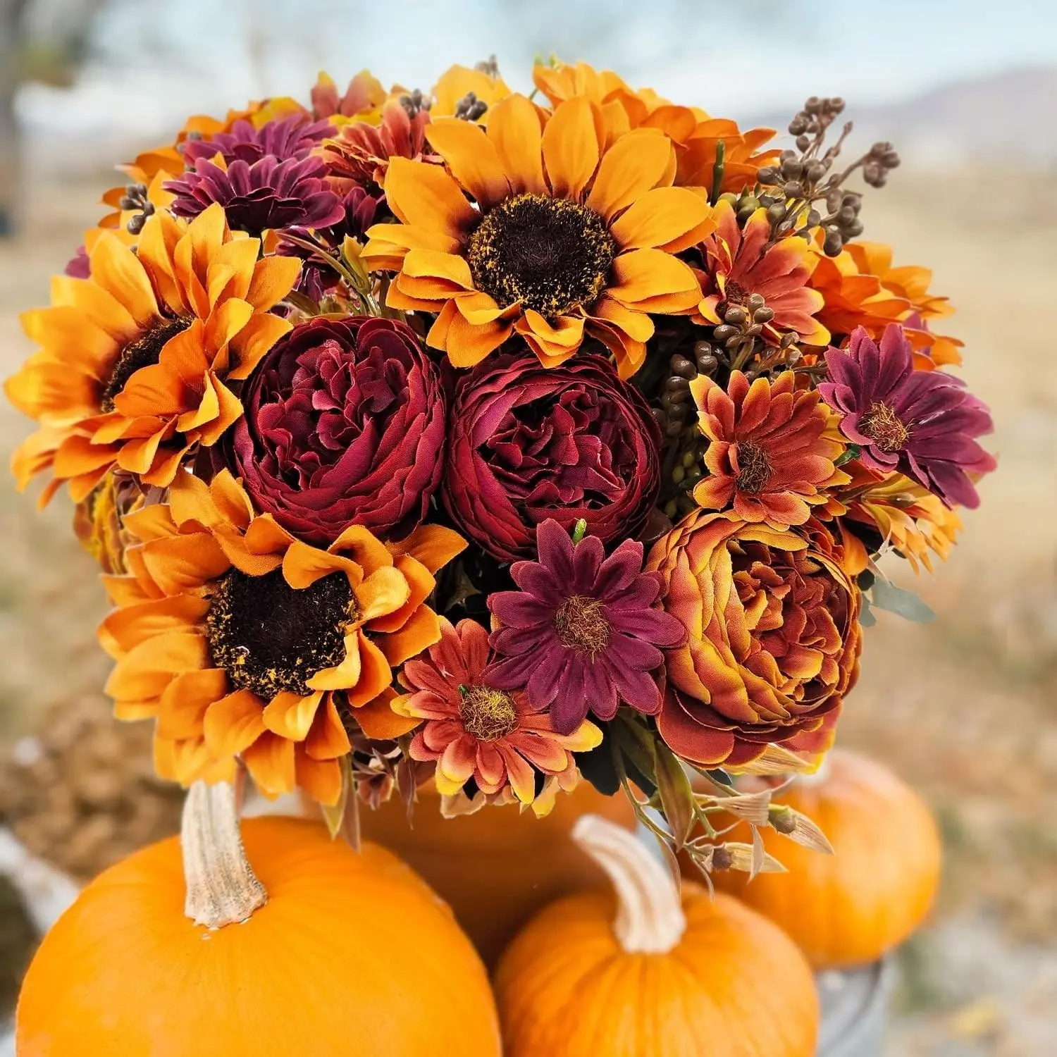 4 Bundles Realistic Artificial Fall Silk Decorative Flowers, Burgundy Mums Sunflower Peony Rose Hydrangea, Faux Floral Stems for DIY Wedding Bridal Bouquet, Thanksgiving Party Table Centerpieces & Vase Arrangements