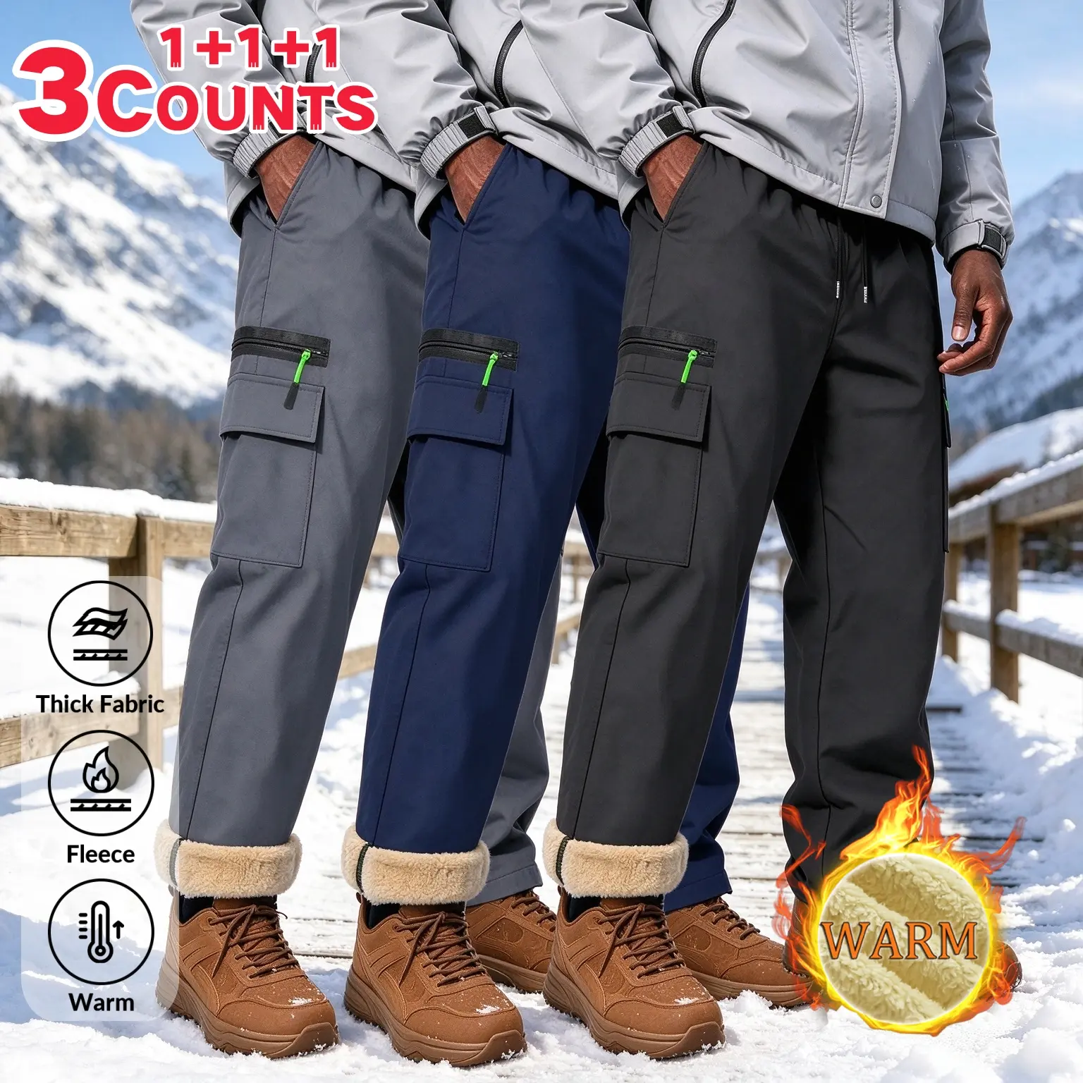 Men's 3 Pack Fleece Lined Cargo Pants, Winter Thick Warm Tactical Trousers, Water Resistant Windproof Multi Zipper Pocket Work Pants, Elastic Drawstring Waist Casual Outdoor Hiking Snow Bottoms