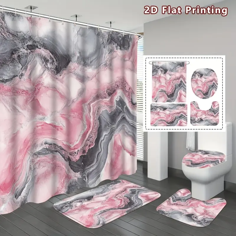 4-piece set of marble shower curtain set, pink and gray two-color marble bathroom decoration, including floor mat, U-shaped mat, toilet cover cover, shower curtain hook, home decoration, bathroom accessories