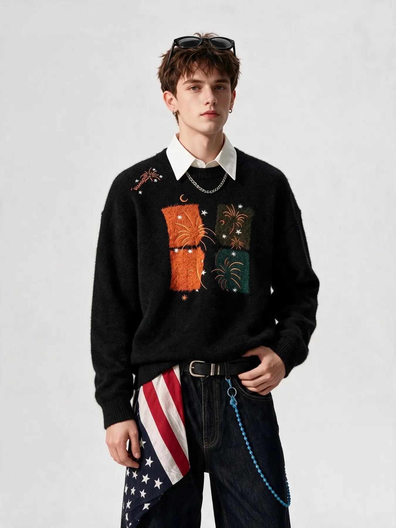Firework Starry Embroidered Sweater, Round Neck Knitwear, Festival Atmosphere Essential, Stylish and Comfortable Pullover, Festive
