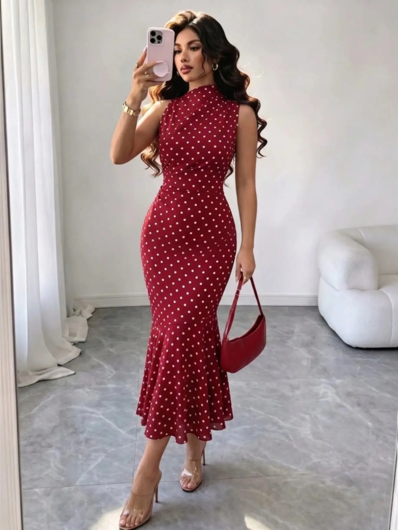 Elegant High Neck Polka Dot Bodycon Fish Tail Dress, Summer Holiday Date Dinner, Casual Urban Chic New Women's Fashion