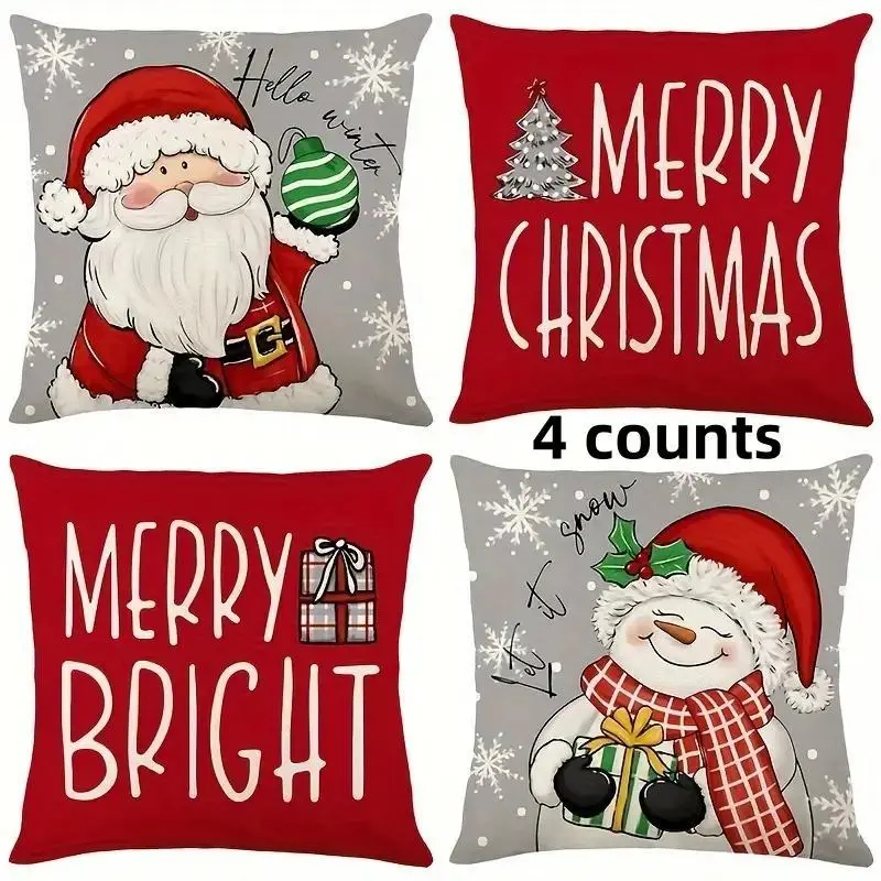 Christmas Cushion Set, Santa & Snowman Design, Polyester Fiber, Zipper Closure, Home Car Sofa Office Decor