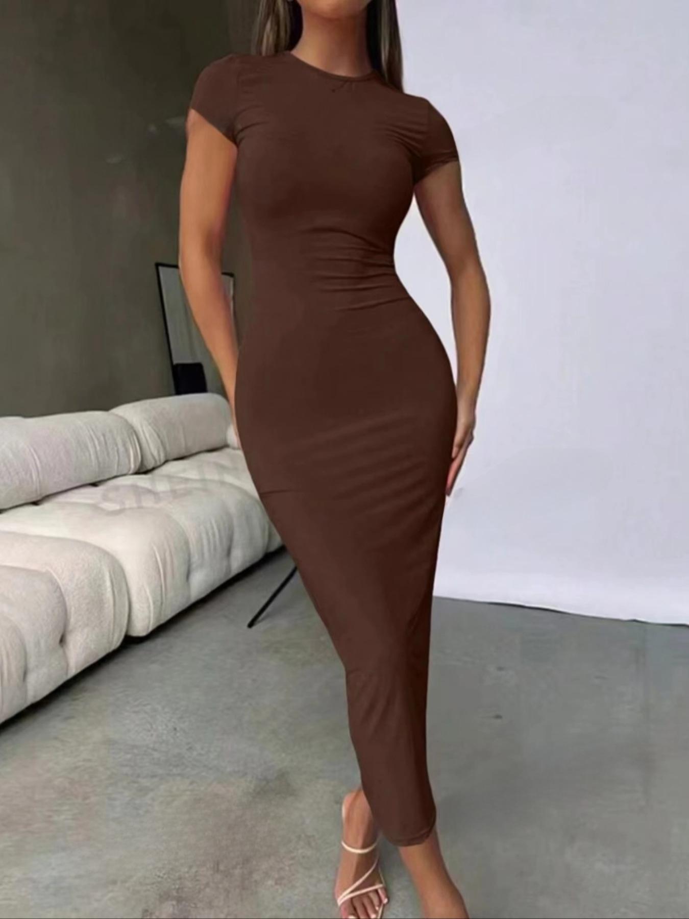 Women's Solid Color Round Neck Bodycon Dress, Elegant Fashion Casual Crew Neck Short Sleeve Dress for Daily Outdoor Wear, Women Dress for Summer, Casual Chic Fitted