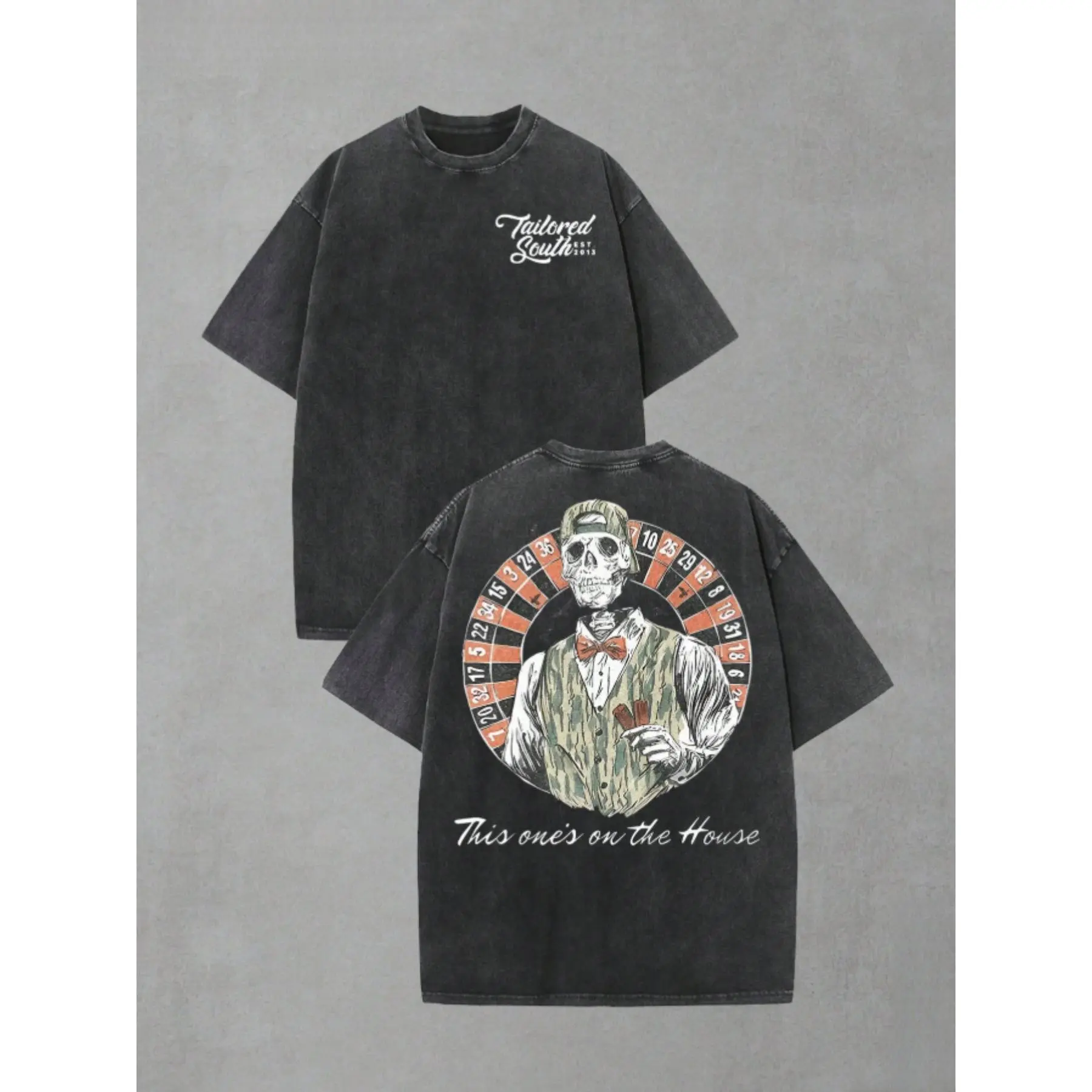 Mineral Washed Skull Casino Roulette Graphic T Shirt Unisex 100 Percent Cotton Crew Neck Relaxed Fit Casual Shortsleeve Top Retro Streetwear Apparel Gift For Travel Party Holiday