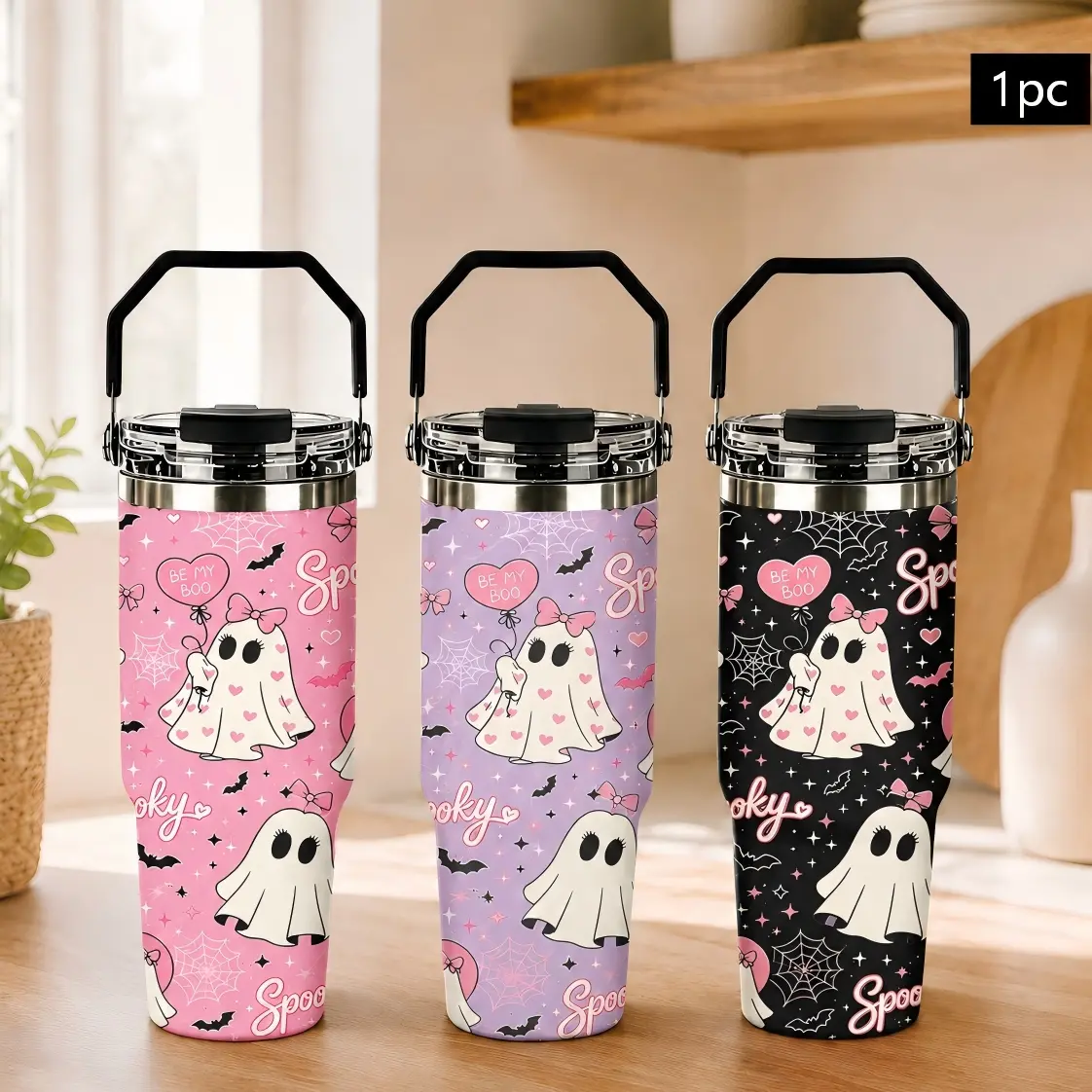 1PC 30oz Cute Ghost Pink Bow Spider Web Halloween Insulated Tumbler with Carry Handle & Leak-Proof Lid, Double Wall Vacuum Stainless Steel Travel Mug, Hot 12H Cold 24H, Large Capacity Cup for Men and Women, Halloween Gift