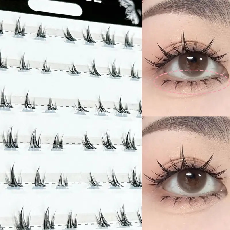 Ynyj Dense Anime Style Cartoon Eyes, Devil Style Glue-Free Upper Lashes 100 Pairs, Glue-Free Lower Lashes 100 Pairs, Perfect Combo Set