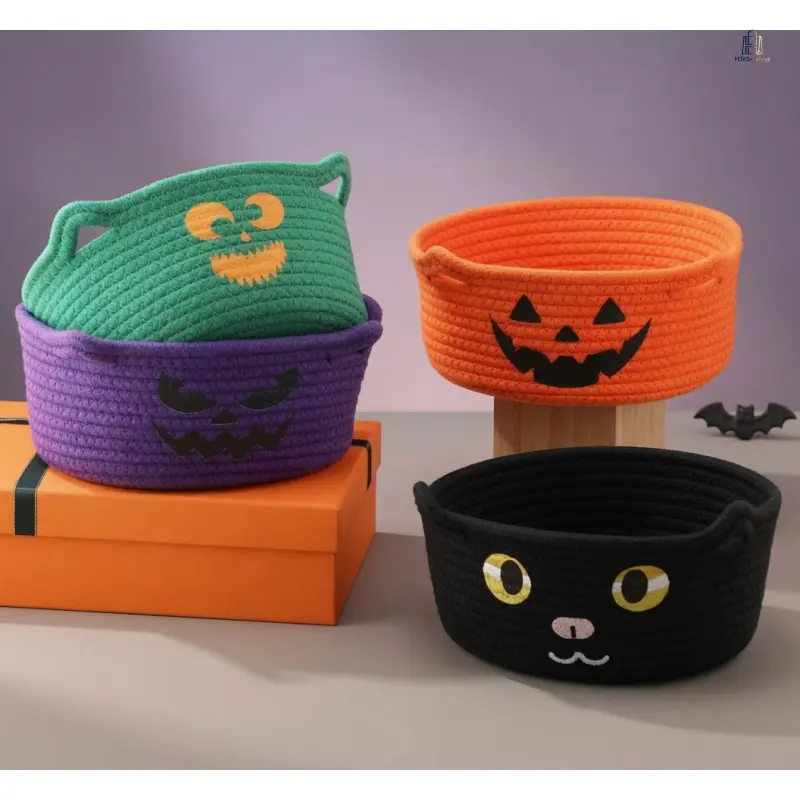 Storage Basket, Hot Halloween Cat Woven Rope Basket, Niche Cotton Cord Cartoon Organizer Bin, Portable Multi-purpose Storage Basket for Socks Cosmetics Home Bedroom Bathroom Use