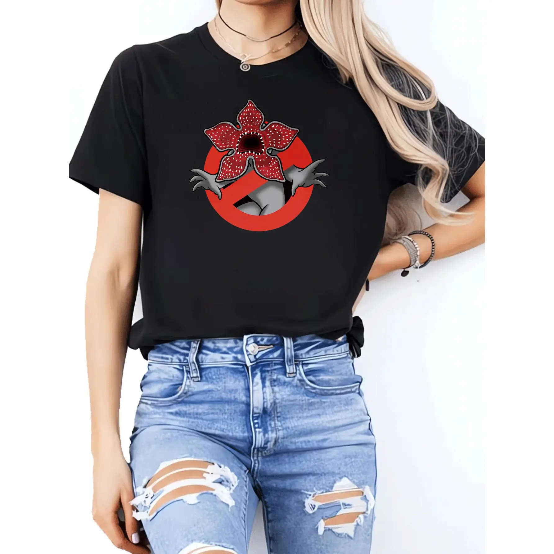 Women's Fitted Crew Neck Graphic Tee - Retro Stranger Things & Ghostbusters Crossover Cartoon Print, Soft Cotton Blend, Chic Korean-Japanese Style, for Casual Streetwear & Party, New Year, Geometric, Machine Washable Basics