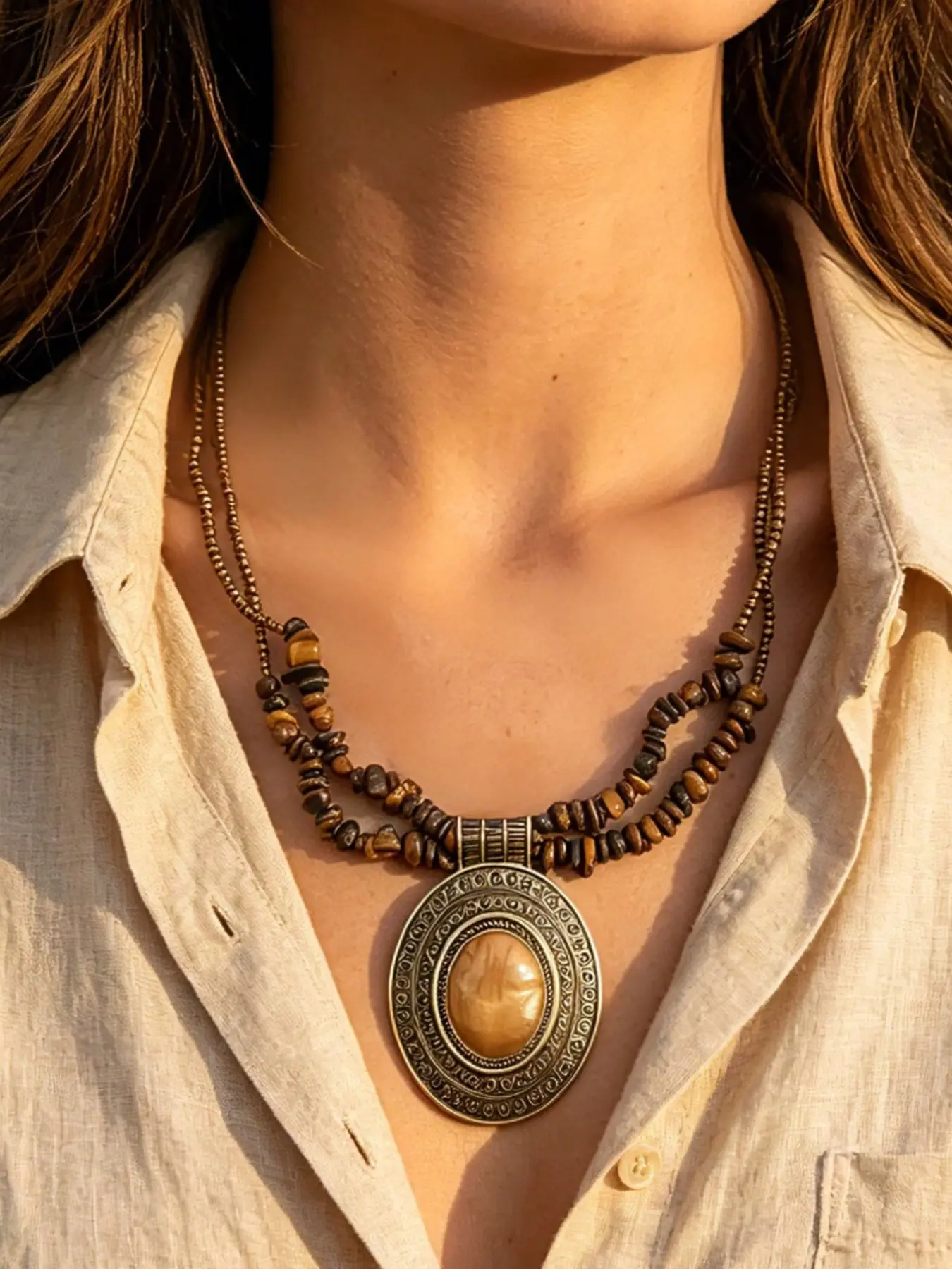 New Boho Vintage Chunky Stone Beaded Necklace, Random Print, Unisex, Ethnic Style, Lockbone Chain, Party Daily Wear