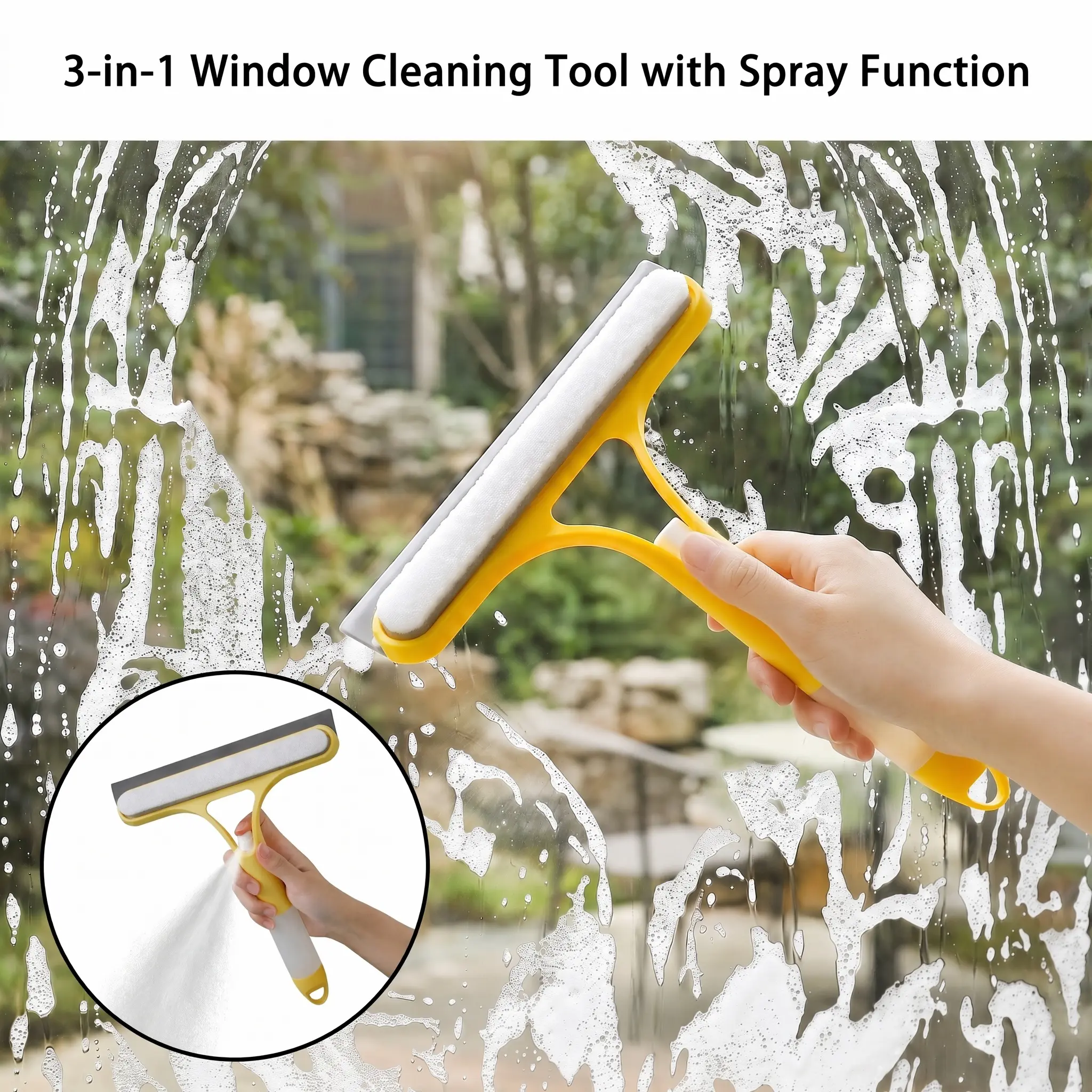 New 3-in-1 Window Cleaning Tool with Spray Function – Squeegee, Scraper & Brush for Shower Glass, Windows, Mirrors & Doors-YY1