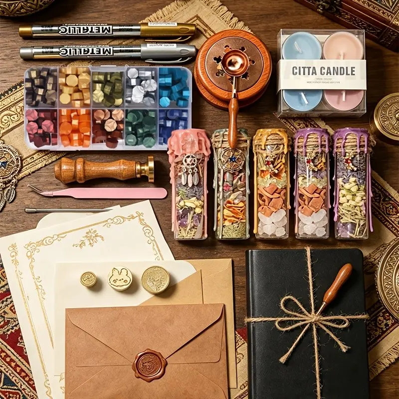 Vintage Wax Seal Kit, Large Capacity Mixed Color Sealing Wax Beads and Spoon, Metal Stamp Included, Creative Decoration Tools, DIY Craft Kit